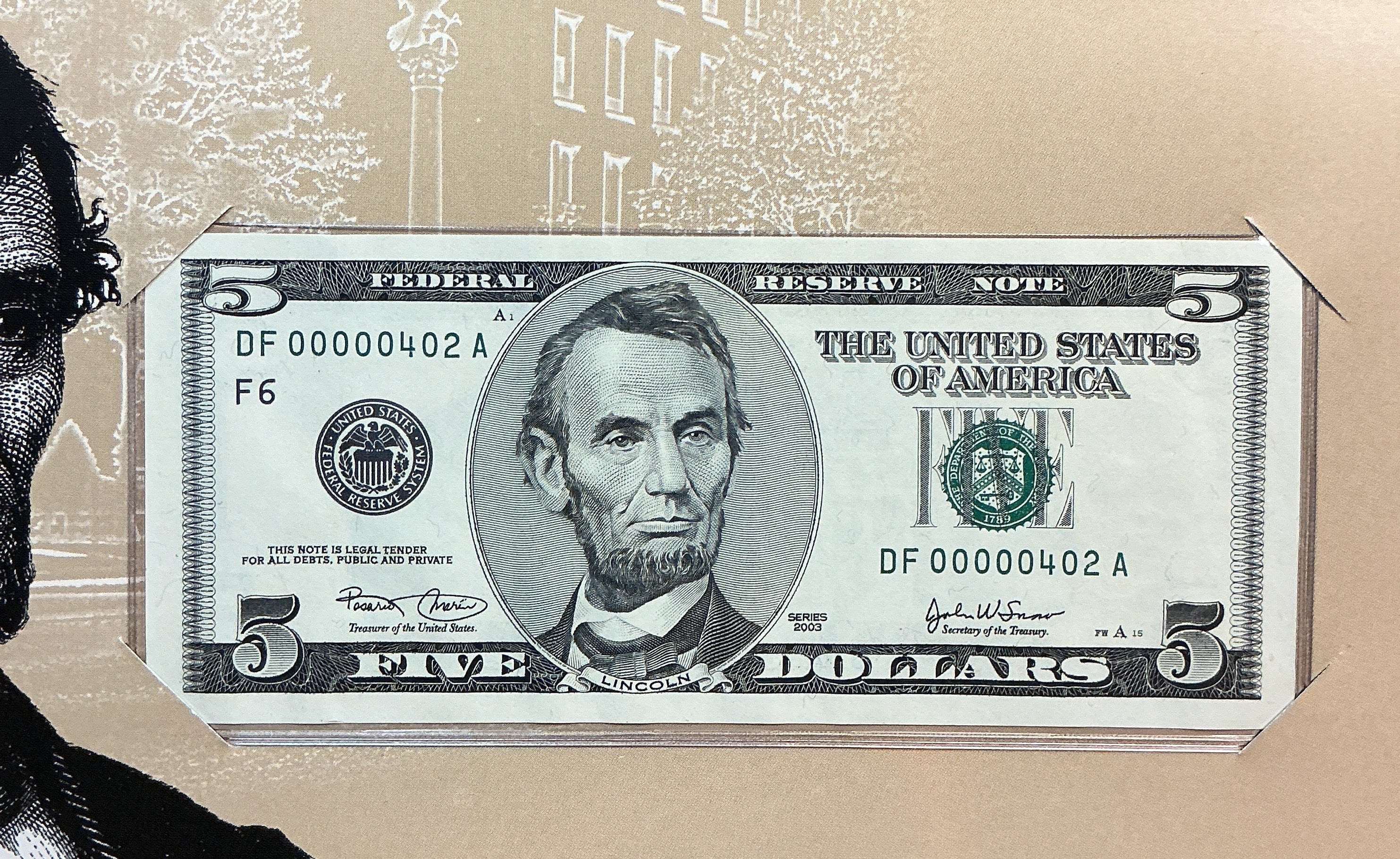 2003 Series $5 Single Note, F.R.Notes, Very Low Serial Number, Store #FRN022