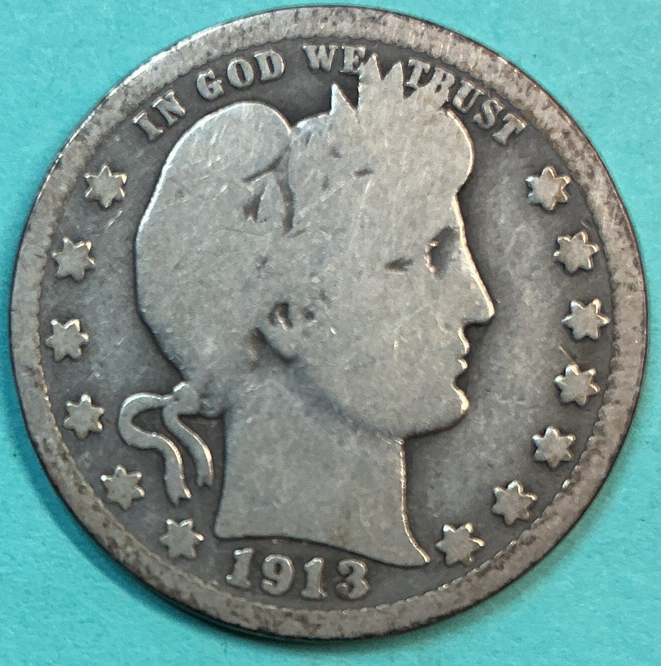 1913 Barber Quarter., Good Circulated Details., Store#QR1310