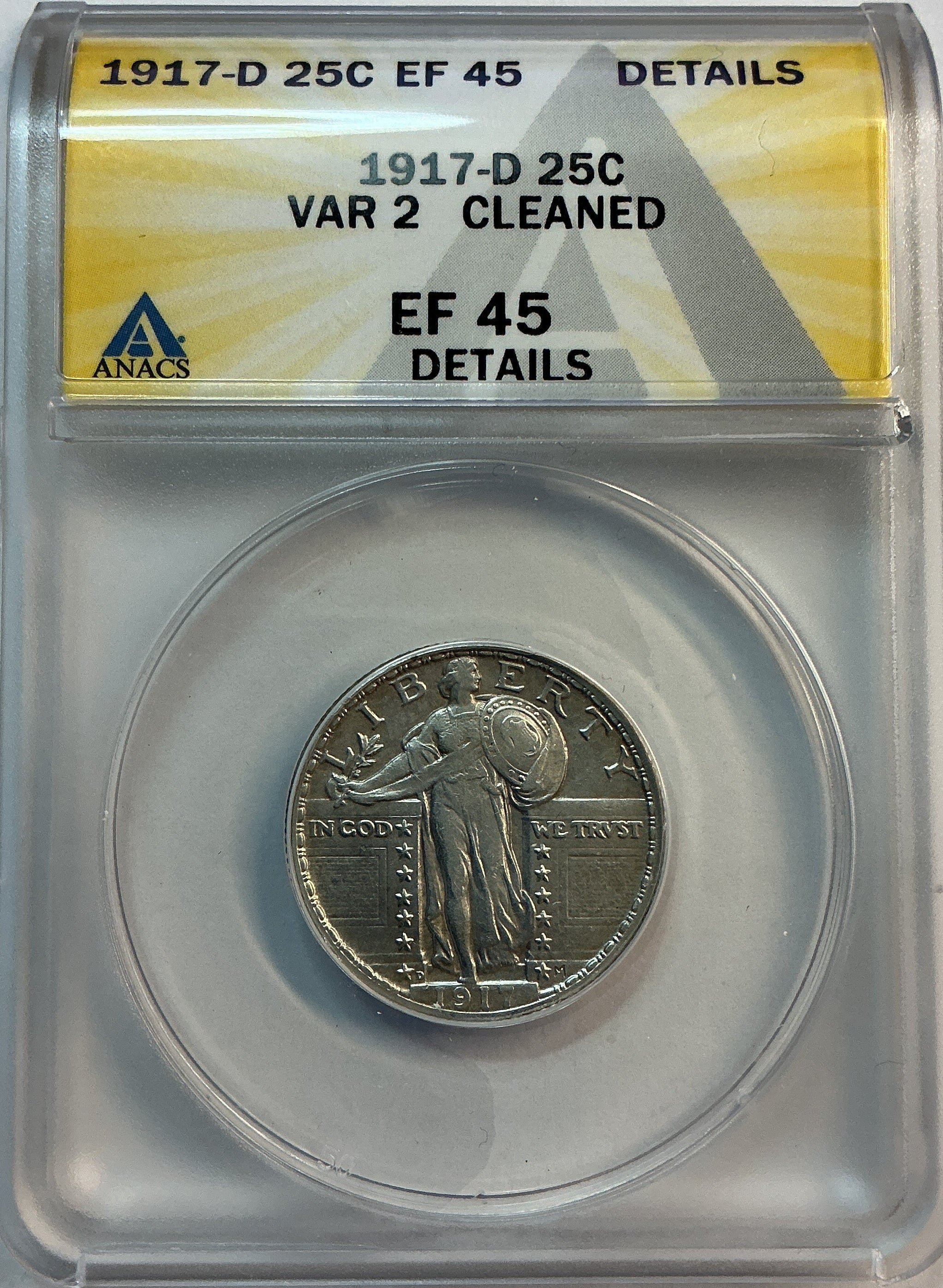 1917-D Standing Liberty Quarter., Type-2., *Cleaned* ANACS EF-45, Store #QR1605