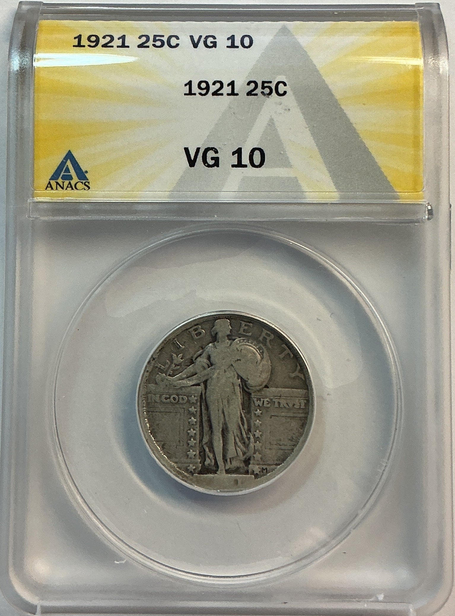1921 Standing Liberty Quarter, ANACS VG-10, Semi-Key Date, Store #QR1616
