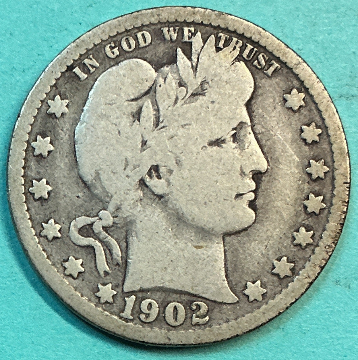 1902 Barber Quarter., Good+ Circulated Details., Store#QR1223