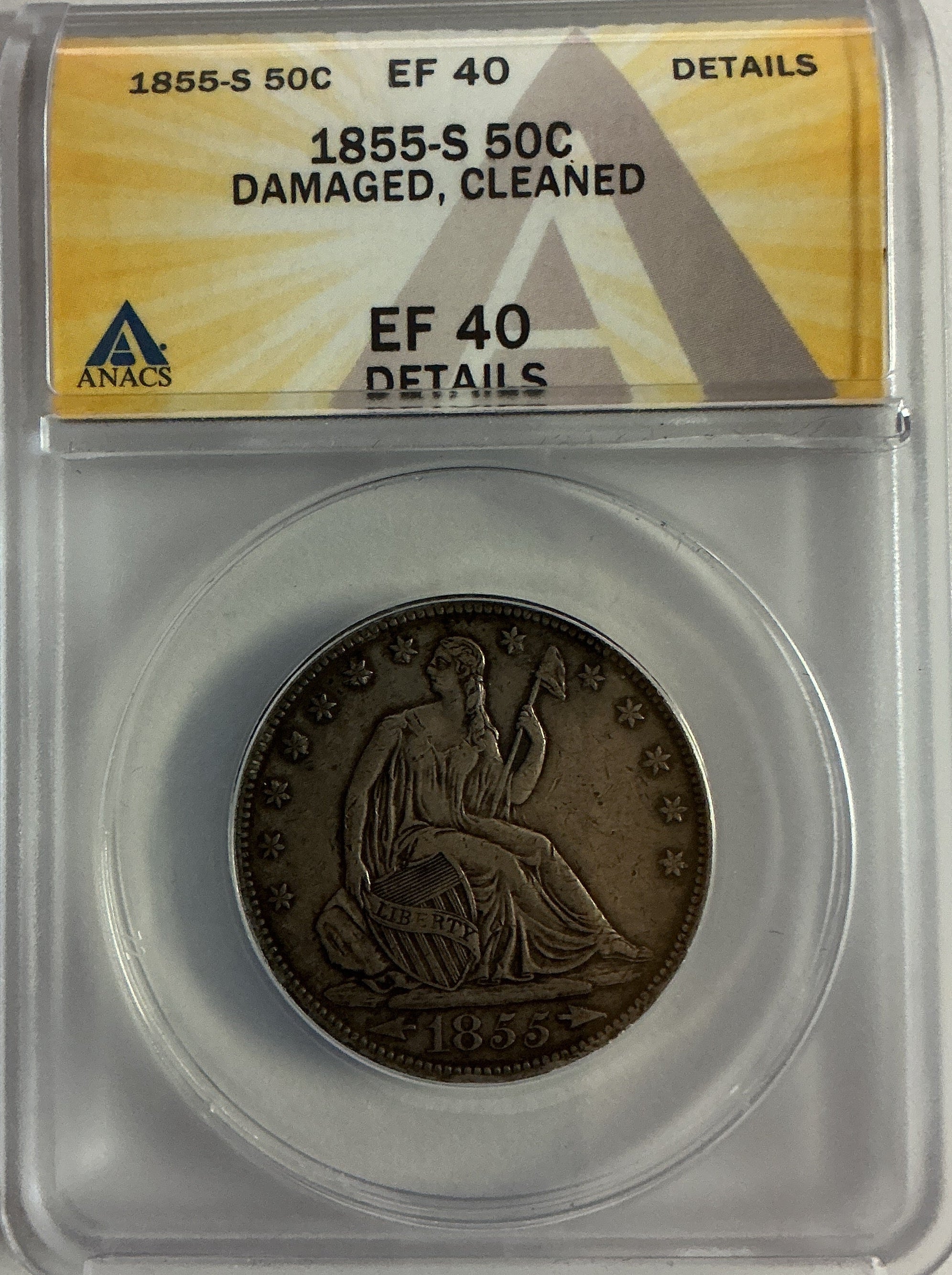1855-S Liberty Seated Half Dollar, ANACS EF 40, Store #HR2023