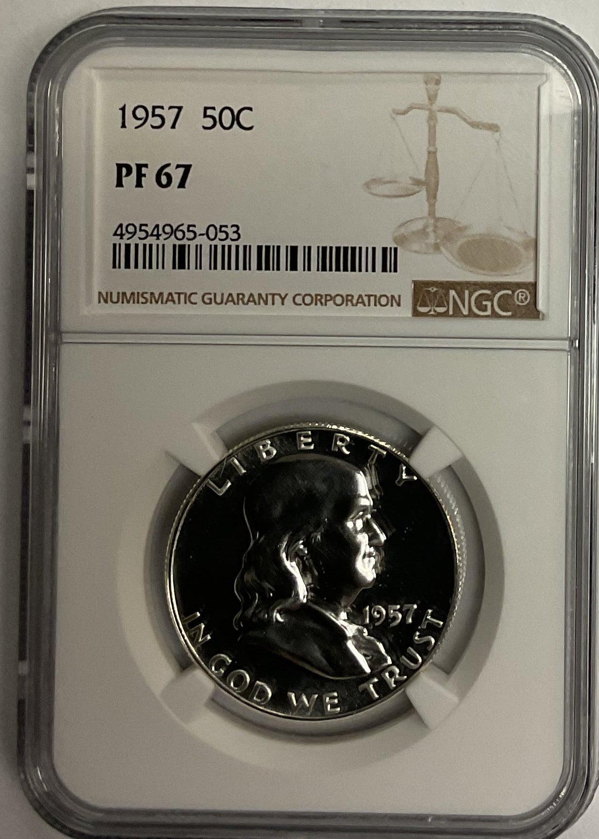 1957 Ben Franklin Half Dollar, NGC PF67, Proof Uncirculated Coin, Store #GHR1808