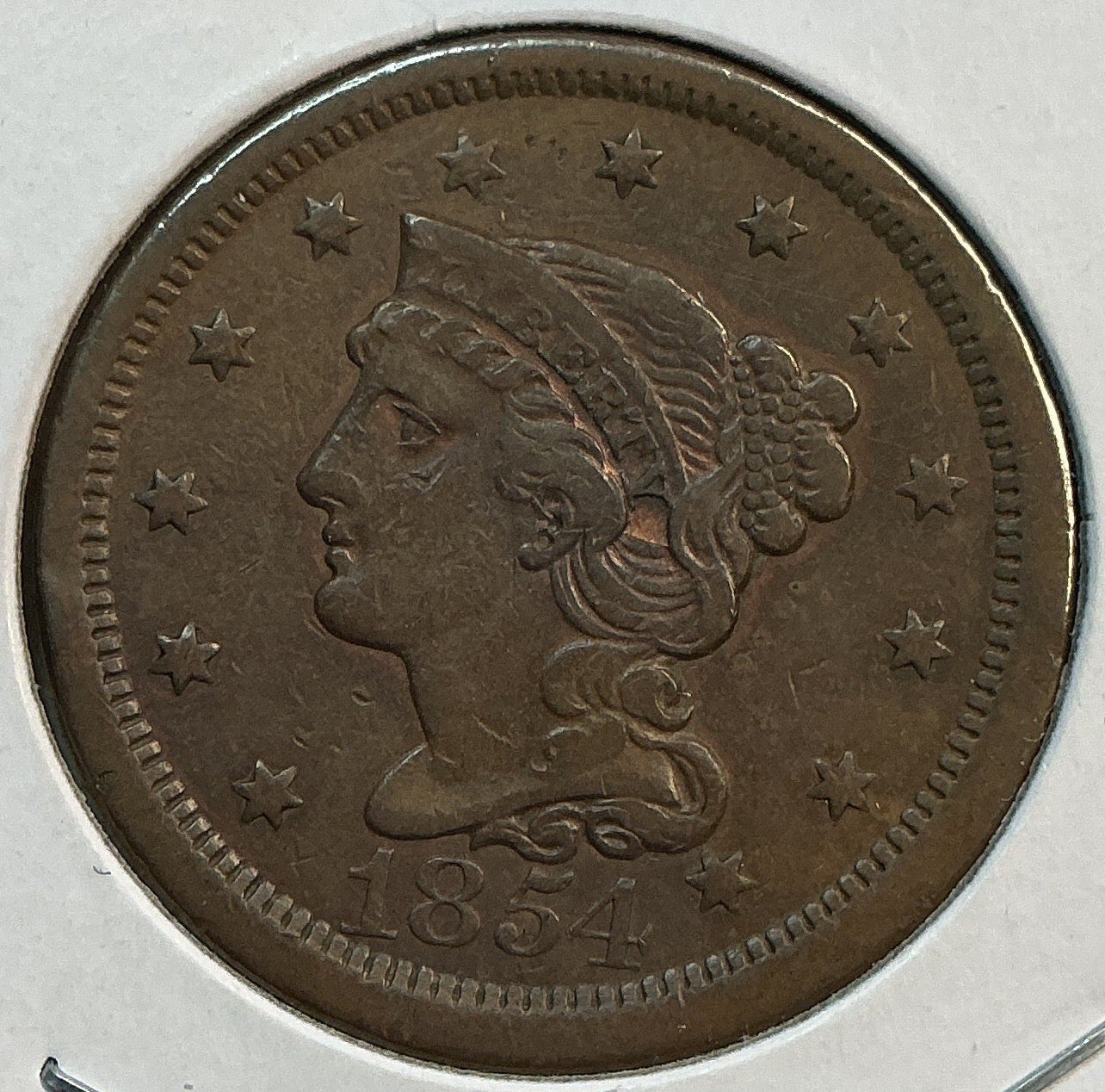 1854 Braided Hair Large Cent, Extra Fine++ Circulated Coin, Details, Store #CT1232