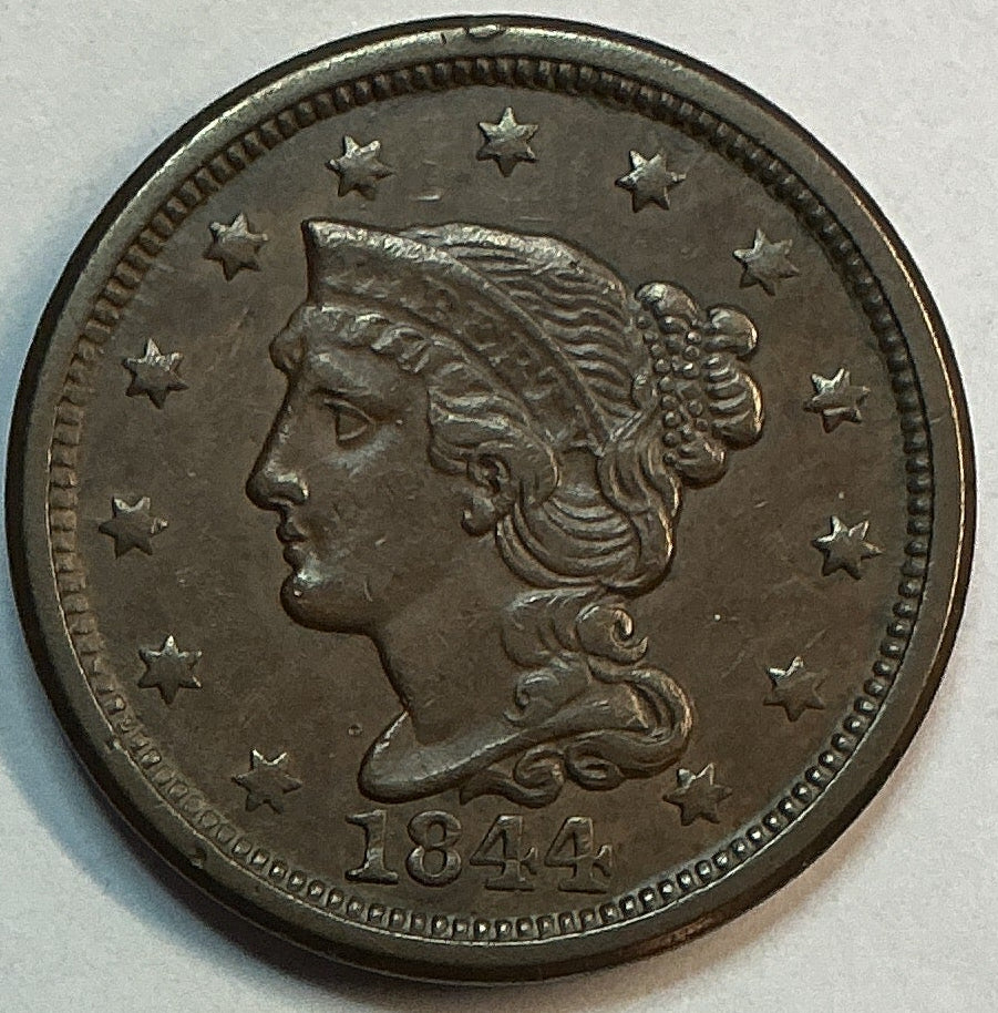 1844 Braided Hair Large Cent, About Uncirculated Coin, Store #CT1247