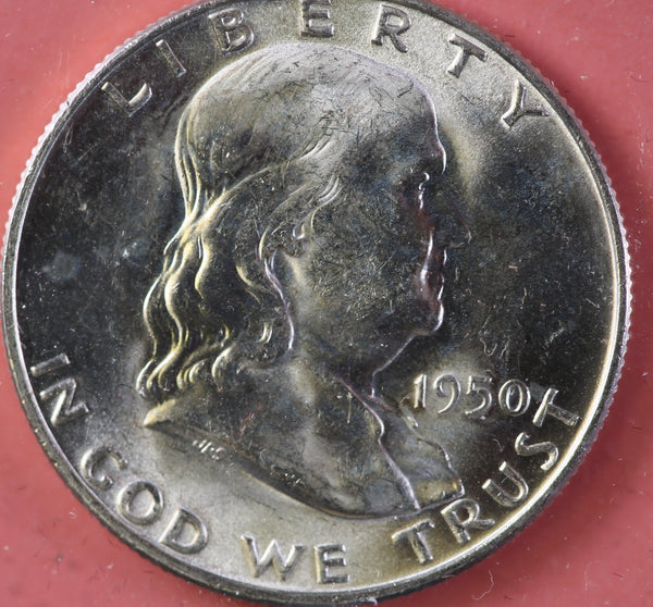 1950-D Franklin Half Dollar, Uncirculated Coin GEM BU Details. Store #23082615