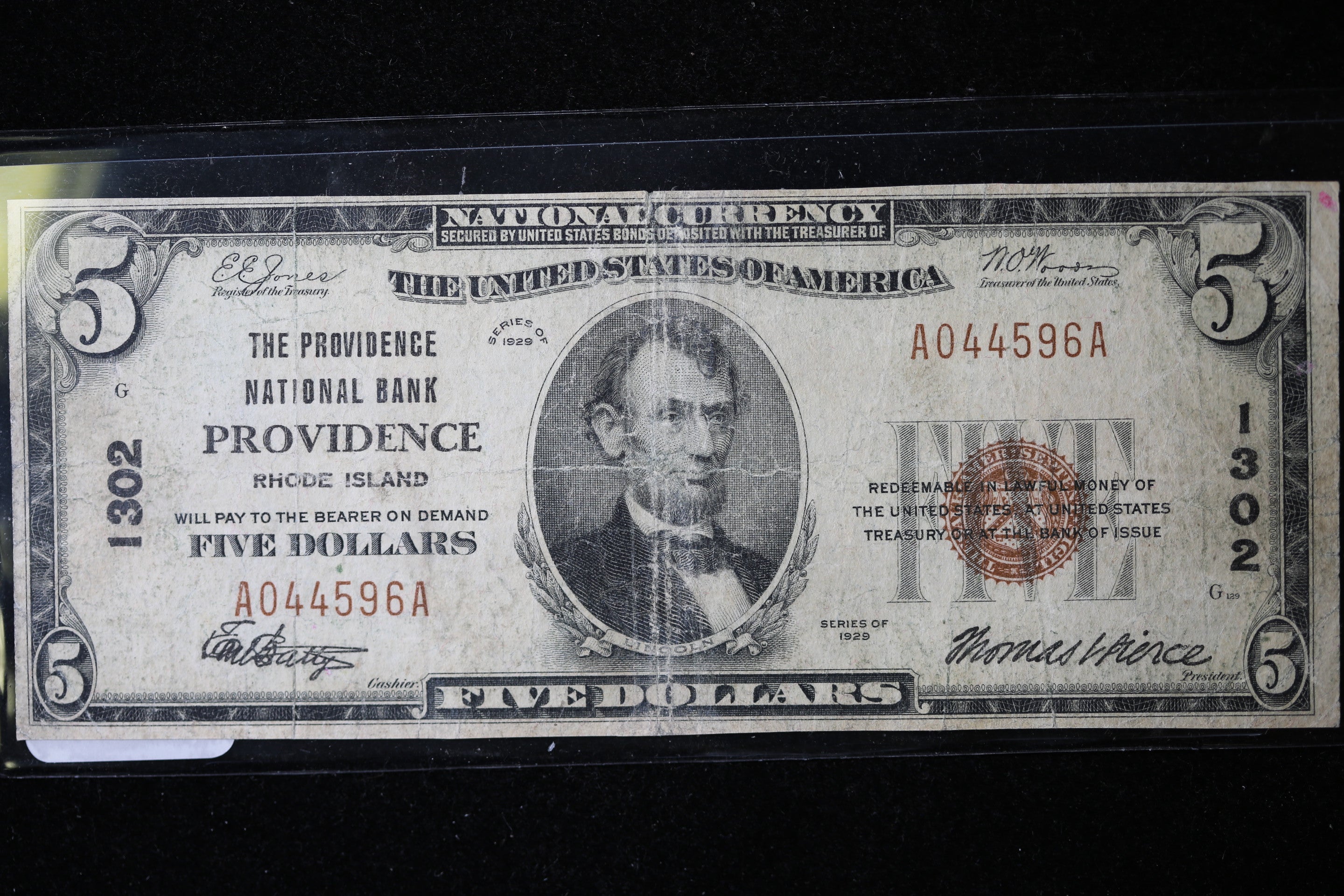 1929 $5 National Currency, Providence, RI., Store Sale 091021