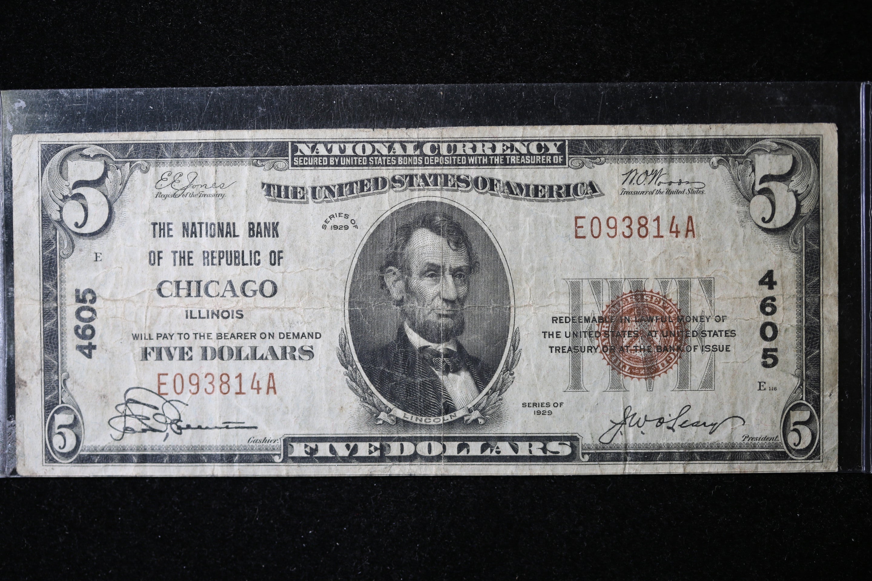 1929 $5 National Currency, Chicago, IL, Store Sale 091028