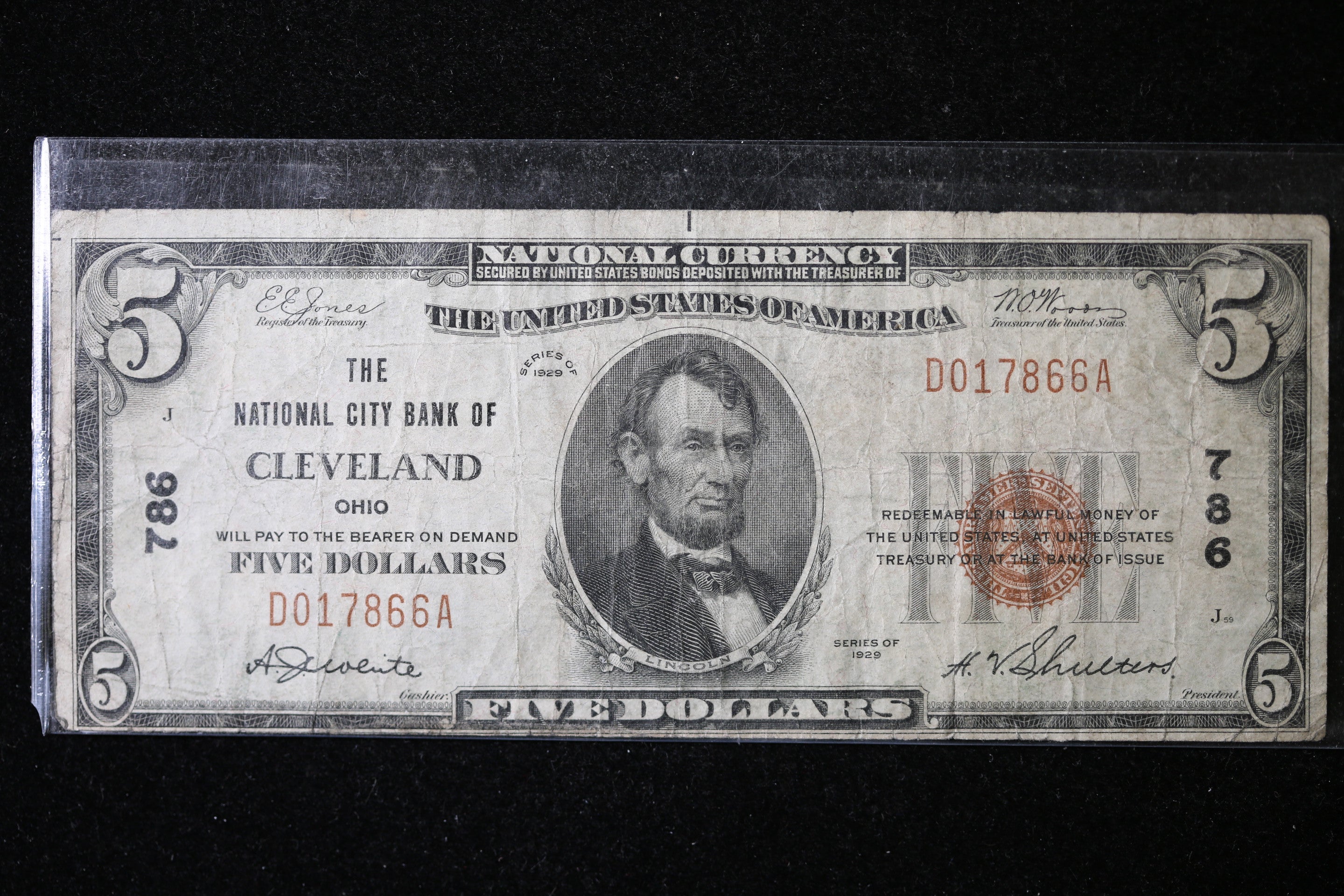 1929 $5 National Currency, Cleveland, OH, Store Sale 091039