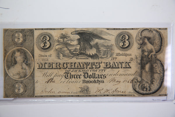 1840 $3, Brooklyn, Michigan., Obsolete Currency, Store Sale 0932487