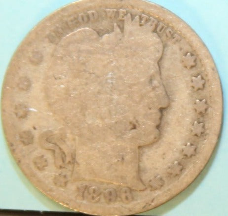 1896 Barber Silver Quarter, Abt Good Circulated Coin. Store #QR1099