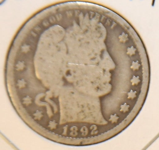 1892 Barber Silver Quarter, Nice Circulated Coin. Store #QR1098