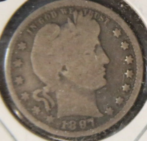 1897 Barber Silver Quarter, Good Circulated Coin. Store #QR1111