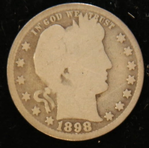 1898 Barber Silver Quarter, Good Circulated Coin. Store #QR1115