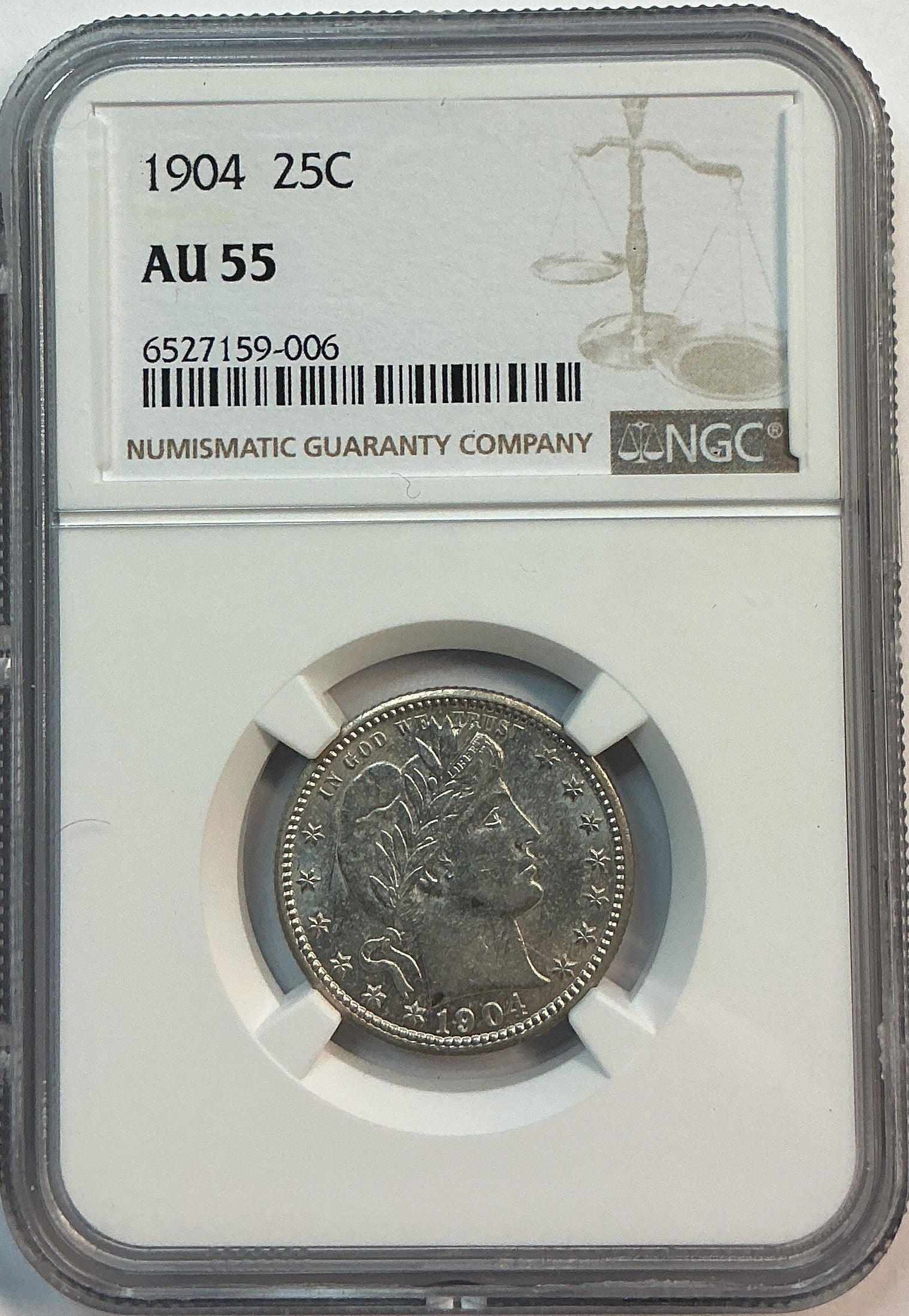 1904 Barber Quarter, NGC AU 55, Store #QR1647