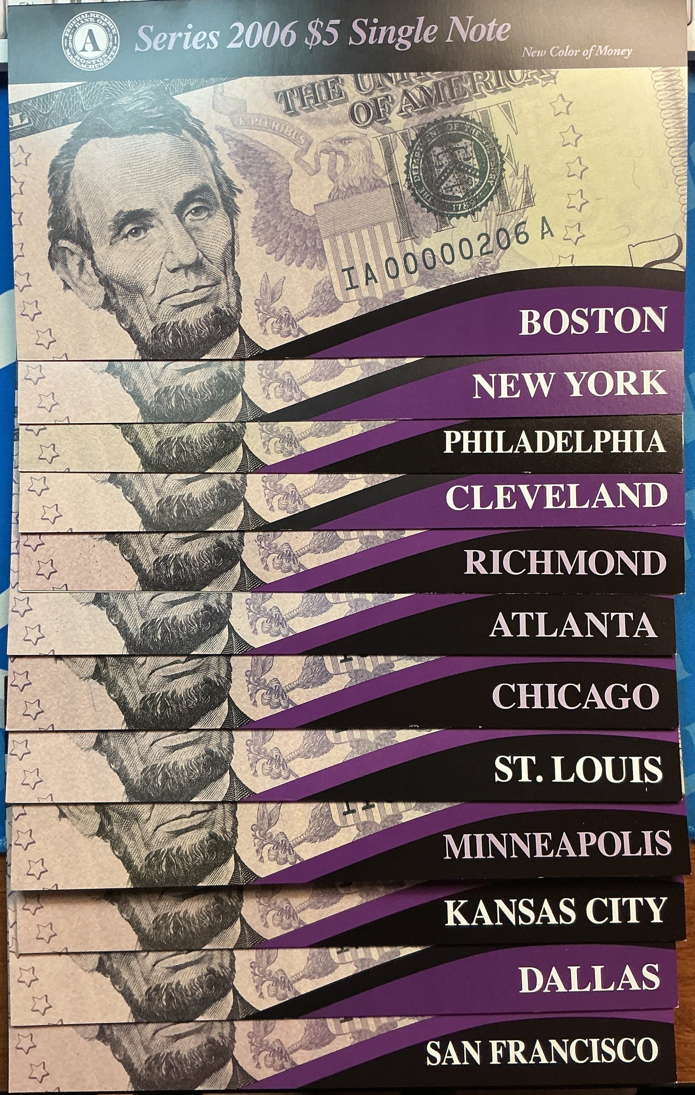 2006 Series $5 Single Notes,12 ea, F.R.N, 'LOW SERIAL NUMBERS', Store #FRN001
