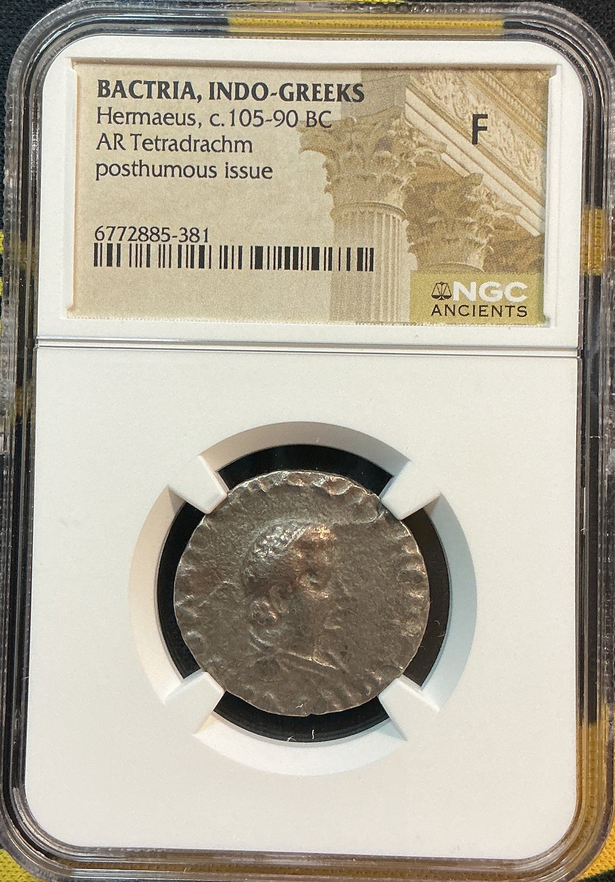 Ancient Coinage, F, Indo-Greeks, Hermaeus, AR Tetradrachm, c.105-90 BC, Store #AT0056