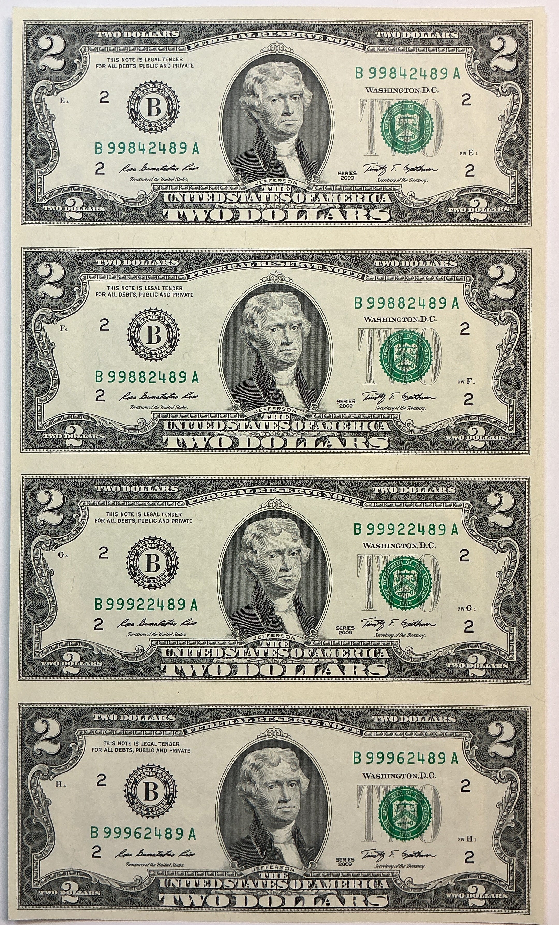 2009 Series $2 Notes, Sheet of 4 Bills, F.R.N., BEP, Store #FRN042