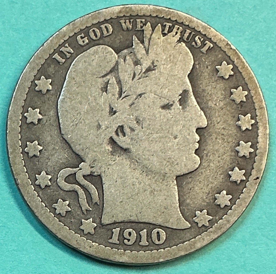 1910 Barber Quarter., Very Good Circulated Details., Store#QR1306