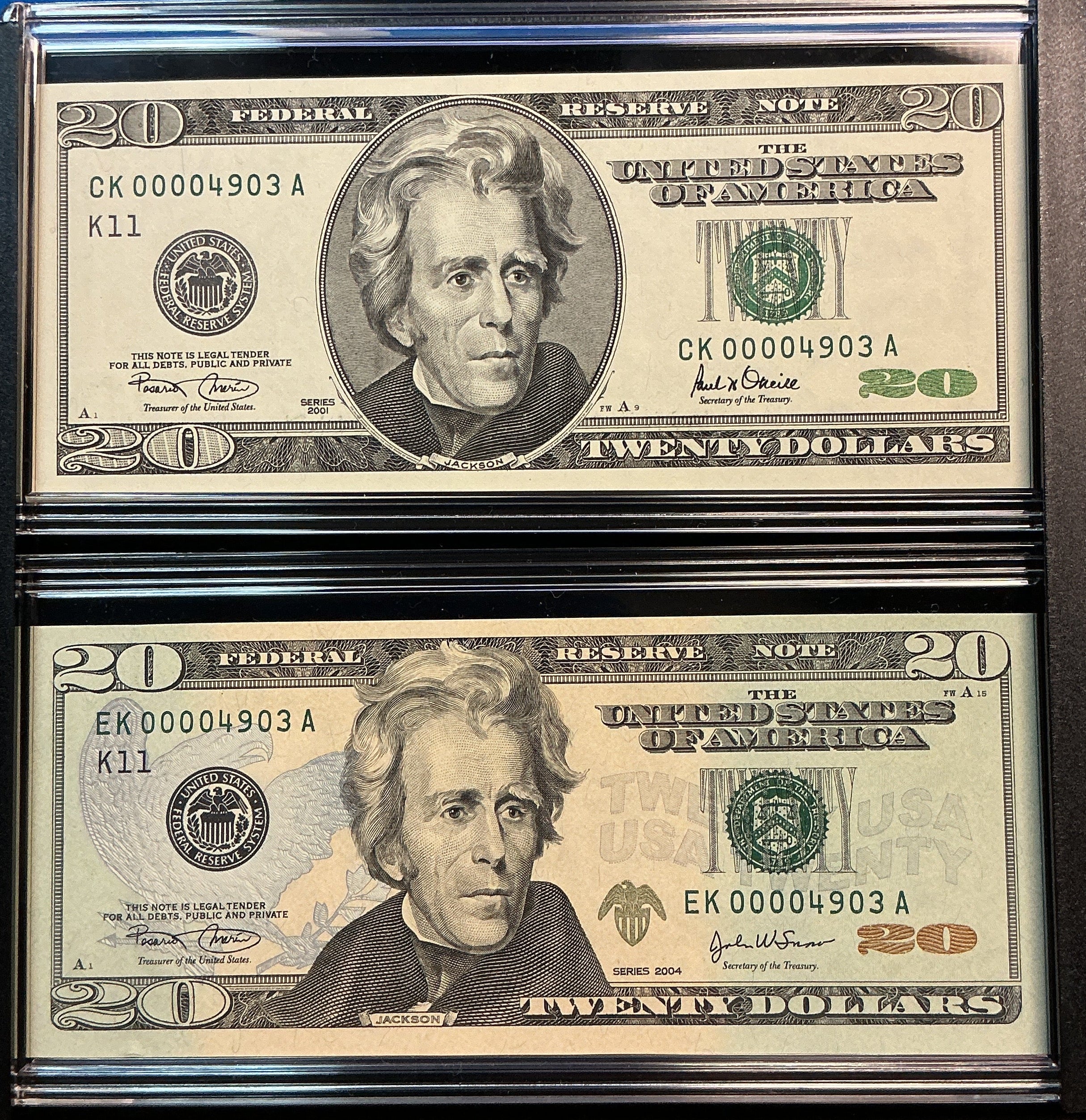 2001 & 2004, $20 Designs in Motion Set, Dept of Treasury-BEP, #FRN015
