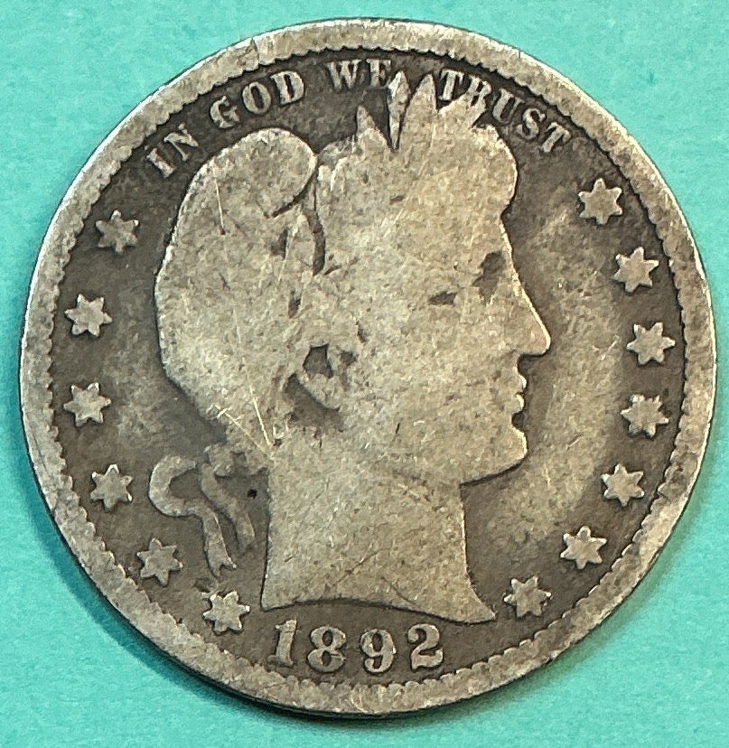 1892 Barber Quarter., Good Circulated Details., Store#QR1187