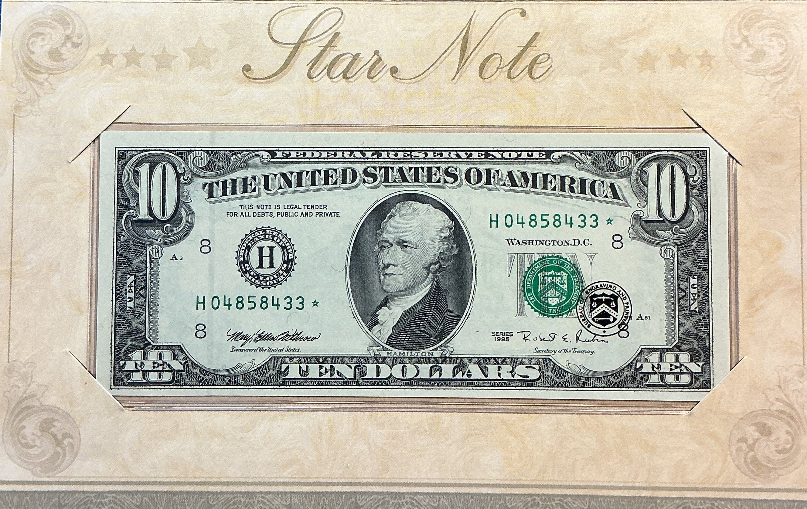 1995 Series, $10 Note, Dept of Treasury, Star Note, Store #FRN026