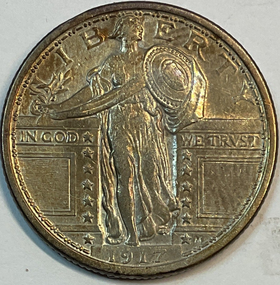 1917 T-1, Standing Liberty Silver Quarter, Mint State Uncirculated Coin, Store #QR1160