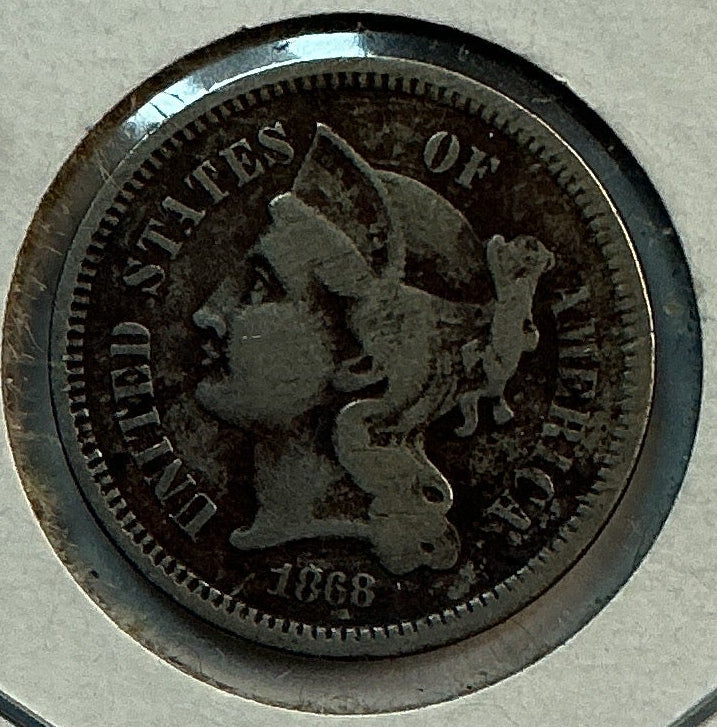 1868 Three Cent Copper Nickel, Very Good Circulated Coin, Store #3C0014