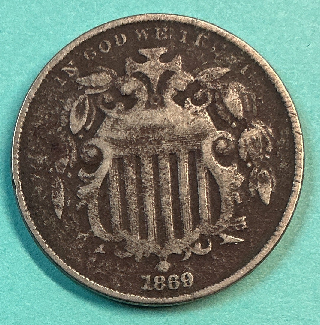 1869 Shield Nickel, Fine+ Details Circulated Coin, Store #NL0113