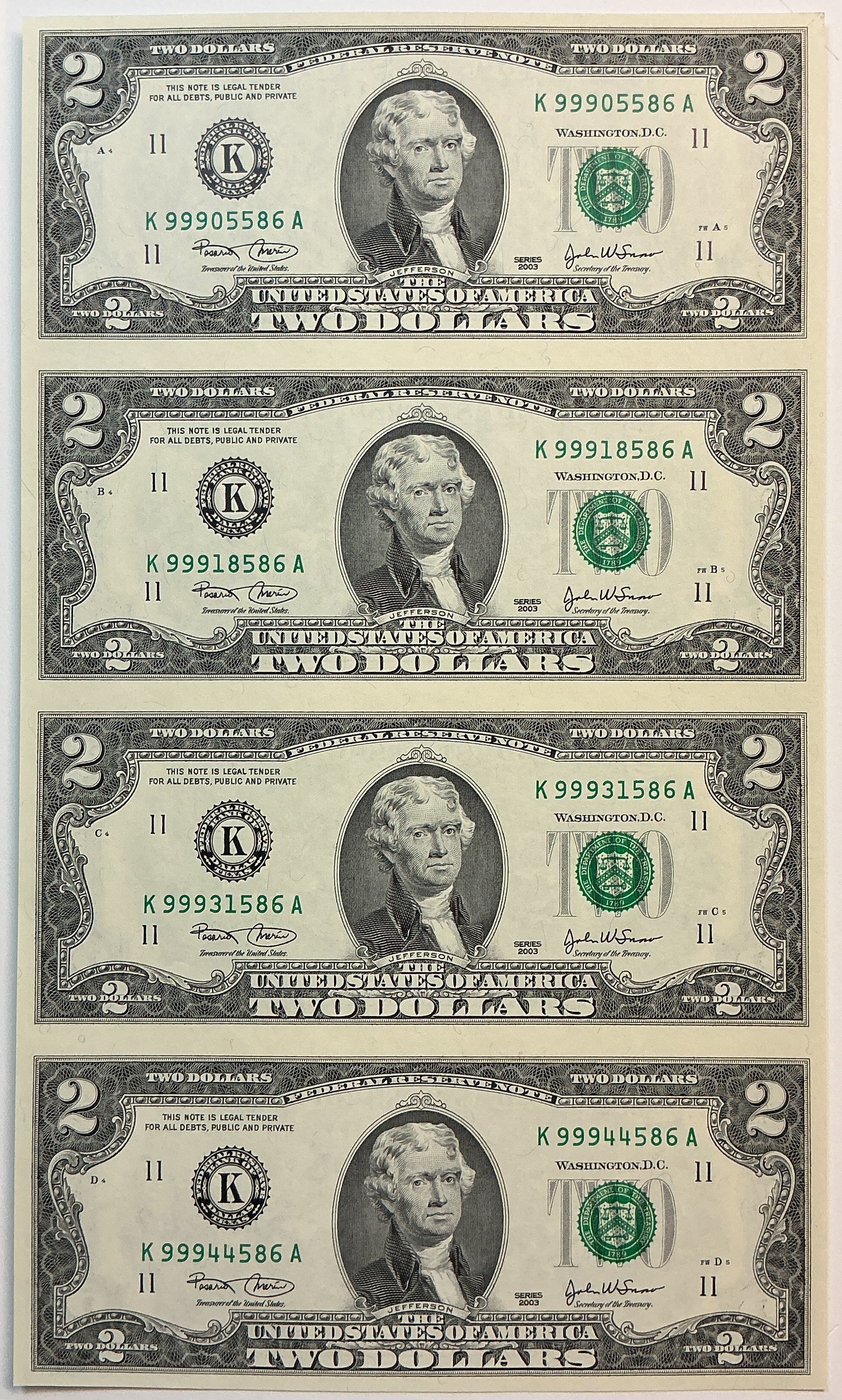 2003 Series $2 Notes, Sheet of 4 Bills, F.R.N., BEP, Store #FRN043