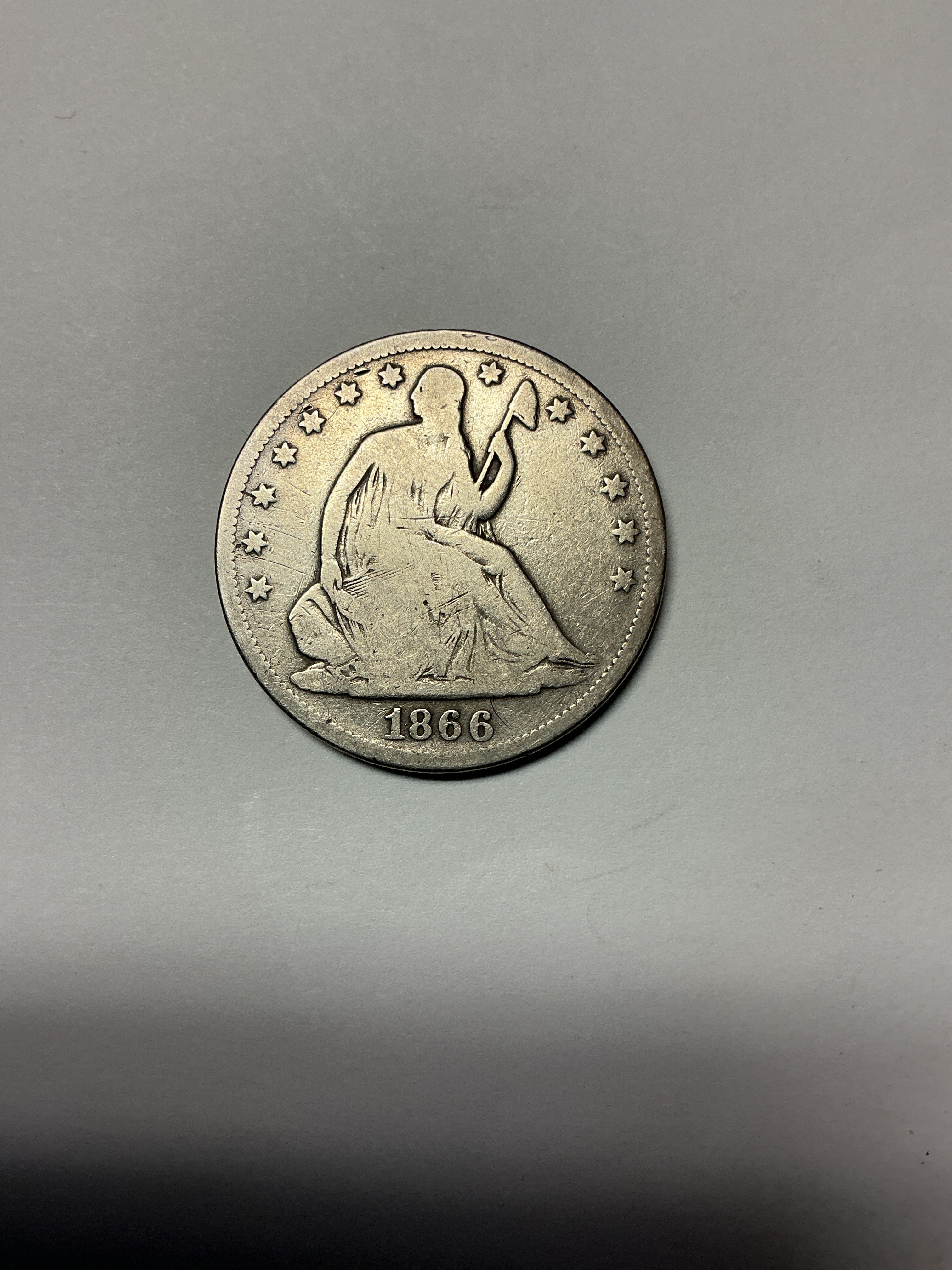 1866-S Liberty Seated Half Dollar, Very Good Circulated Coin. Store #HR1984