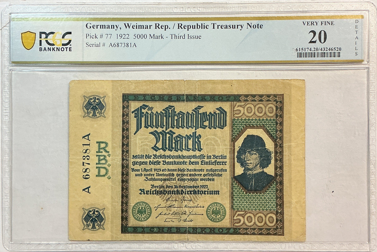 1922 5000 Mark., German, Weimar Rep., PCGS VF-20, Store #GWC018