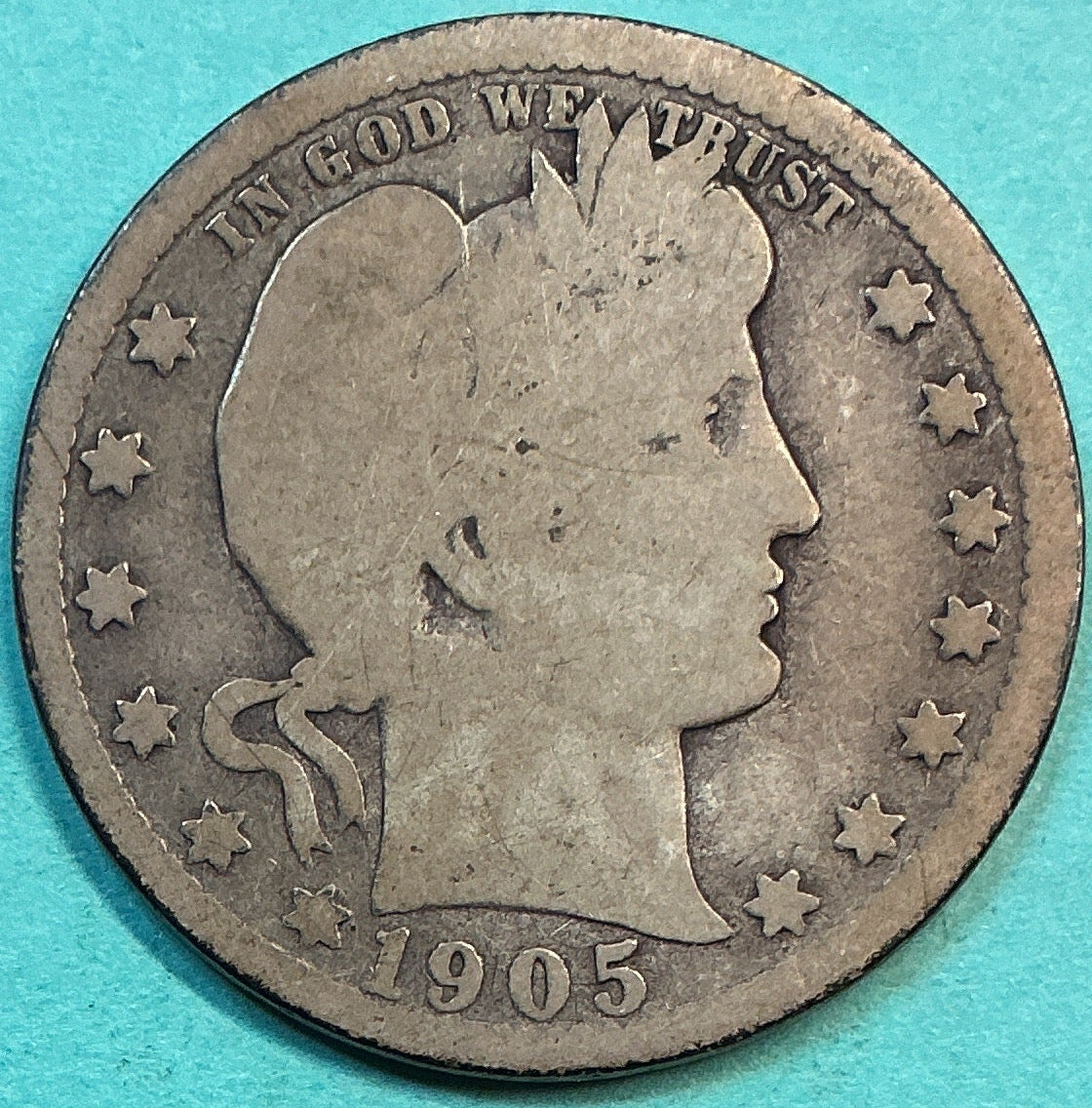 1905-O Barber Quarter., About Good Circulated Details., Store#QR1234