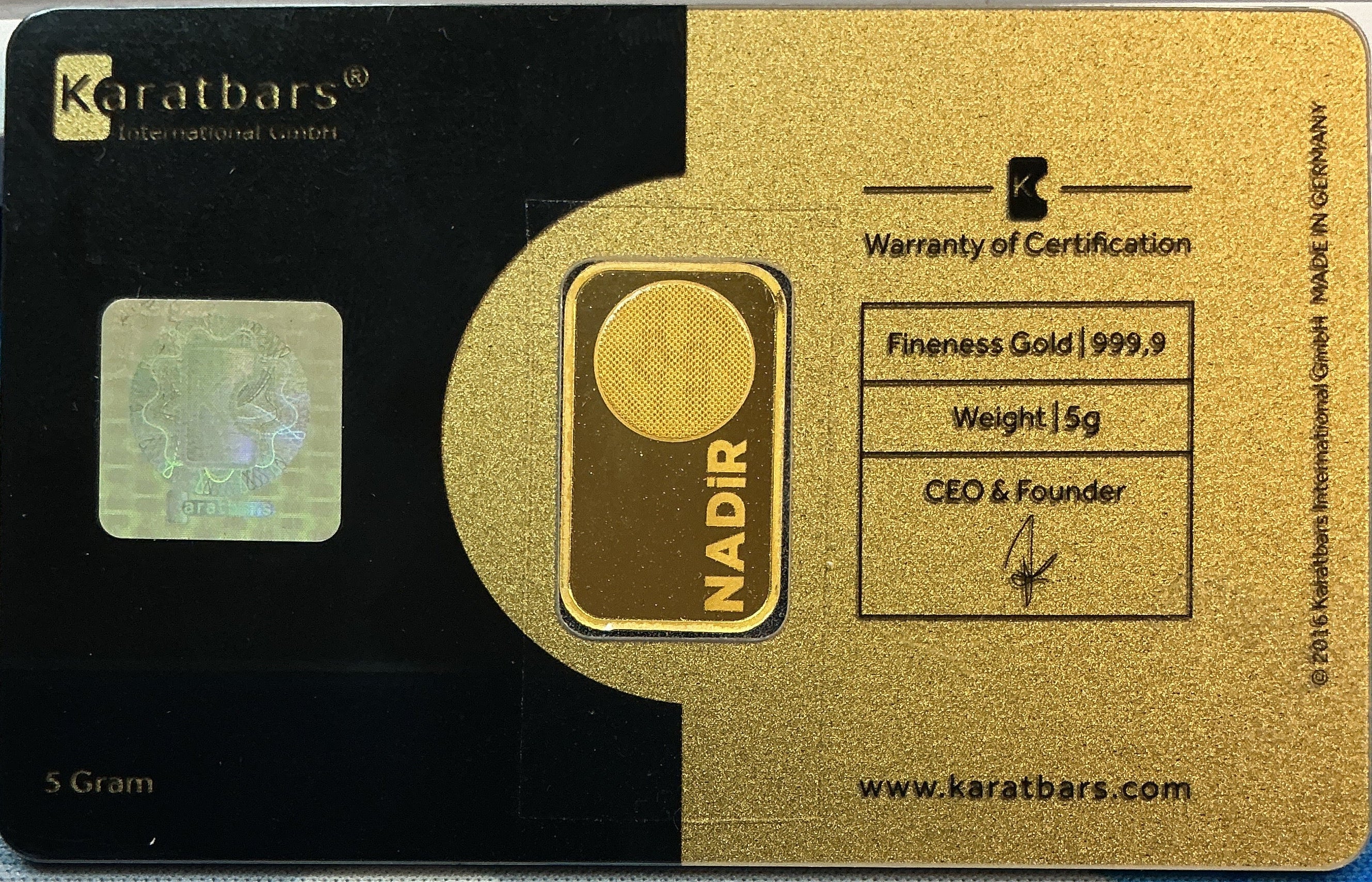 5 Gram Gold Bar, 999.9 pure, Carded Proof KARATBARS, Store Sale #G0177