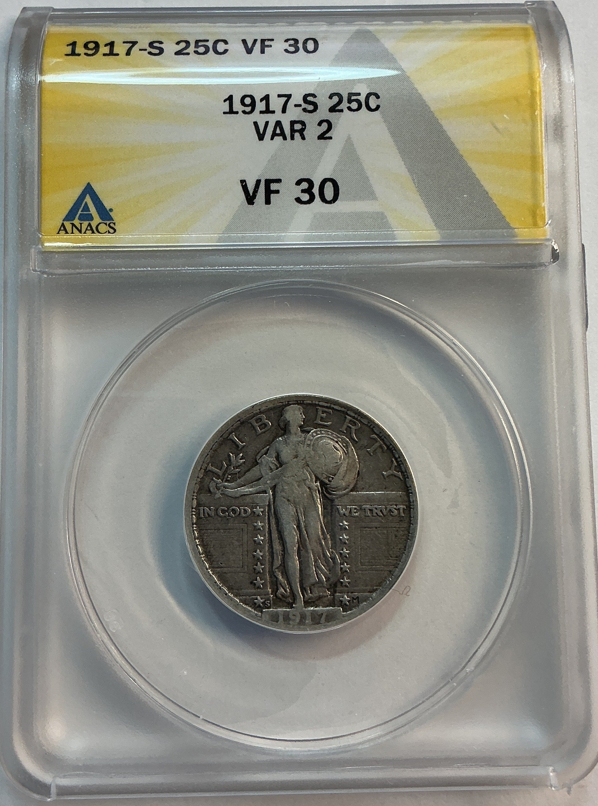 1917-S Standing Liberty Quarter., Type-2., ANACS VF-30, Store #QR1604