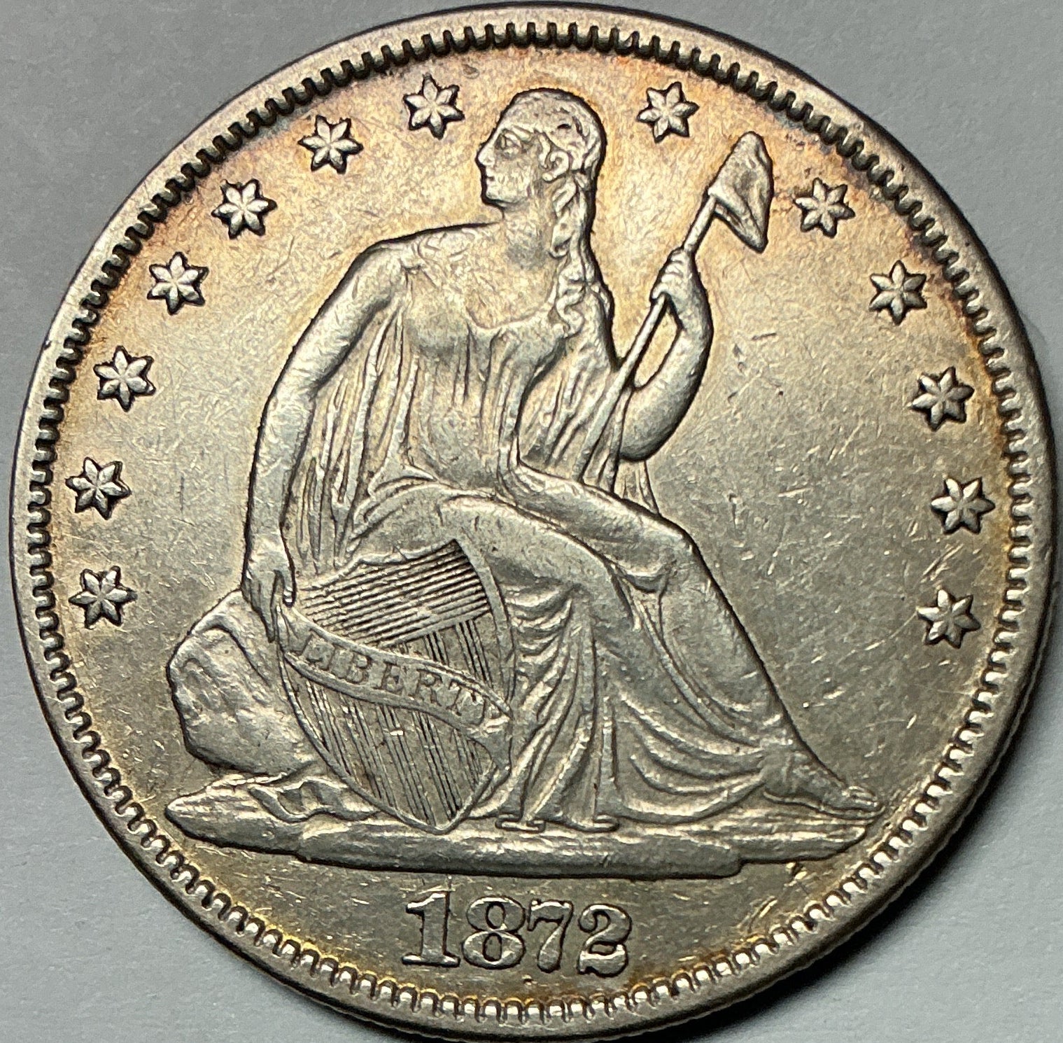 1872 Liberty Seated Half Dollar, About Uncirculated Coin, Details, Store #HR2001