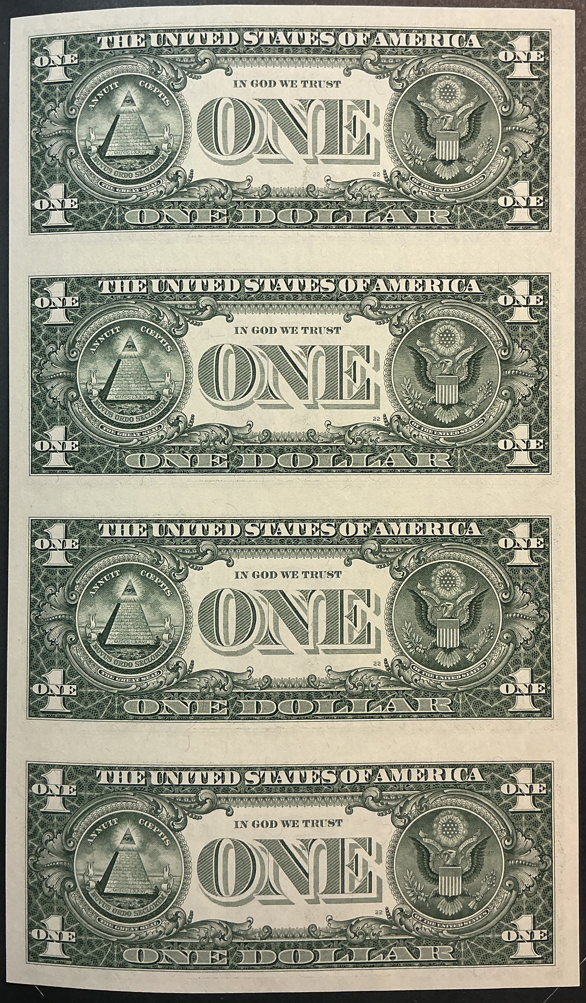 1988 Series $1 Notes, Sheet of 4 Bills, F.R.N., BEP, Store #FRN038