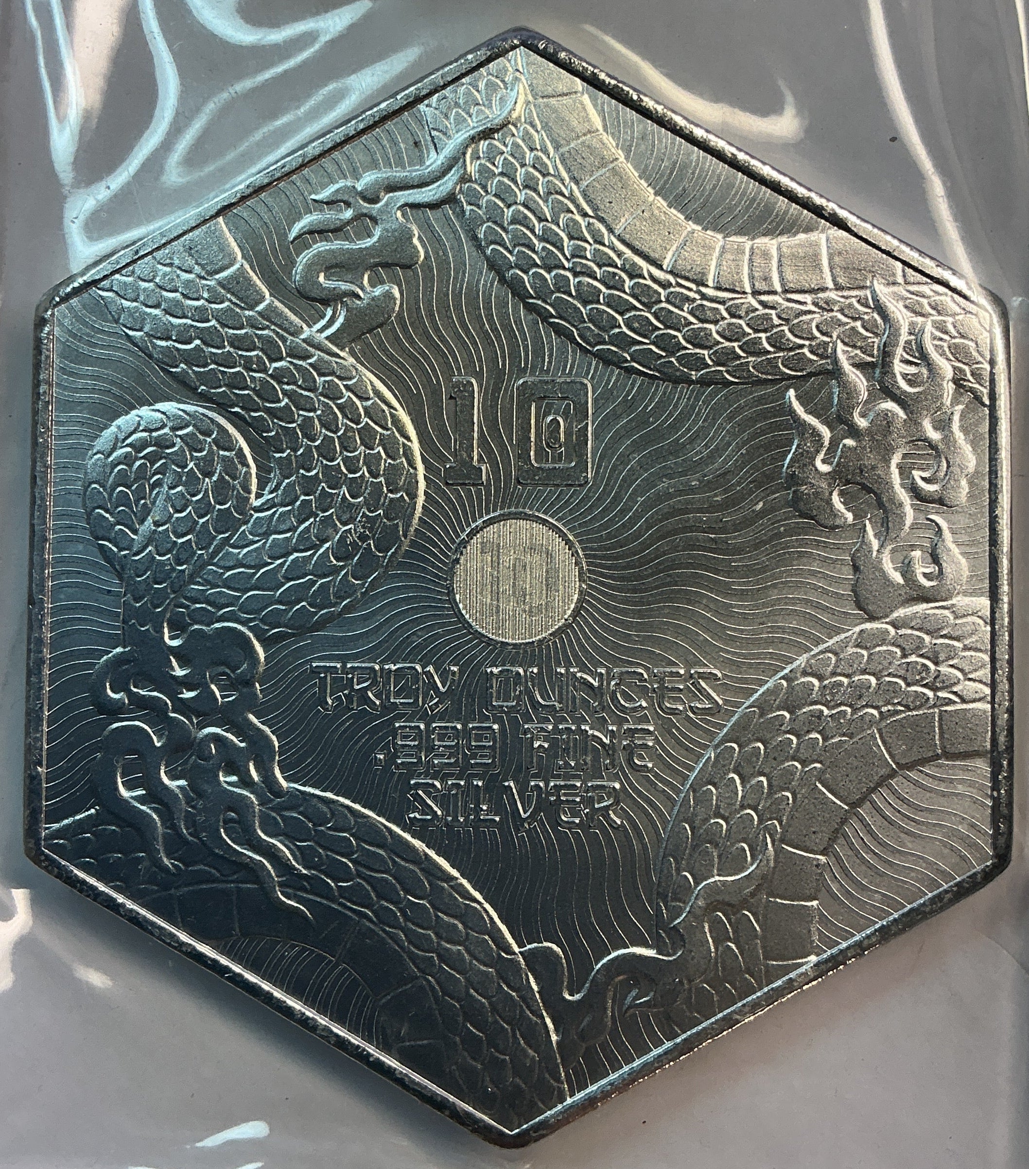 .999 silver,10 Troy Ounces, Dragon Hexagon Bullion, Store #SR051