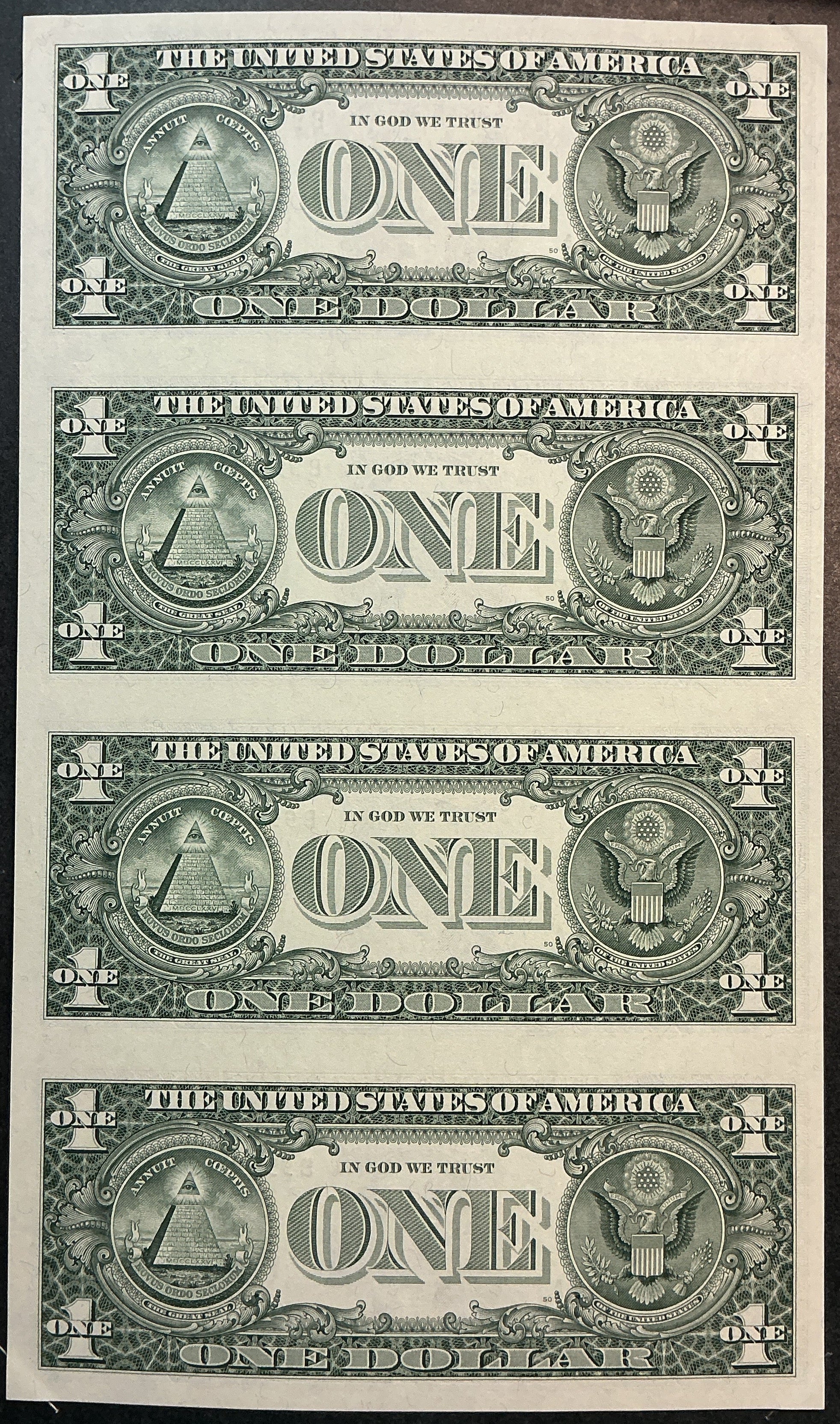 1995 Series $1 Notes, Sheet of 4 Bills, F.R.N., BEP, Store #FRN040