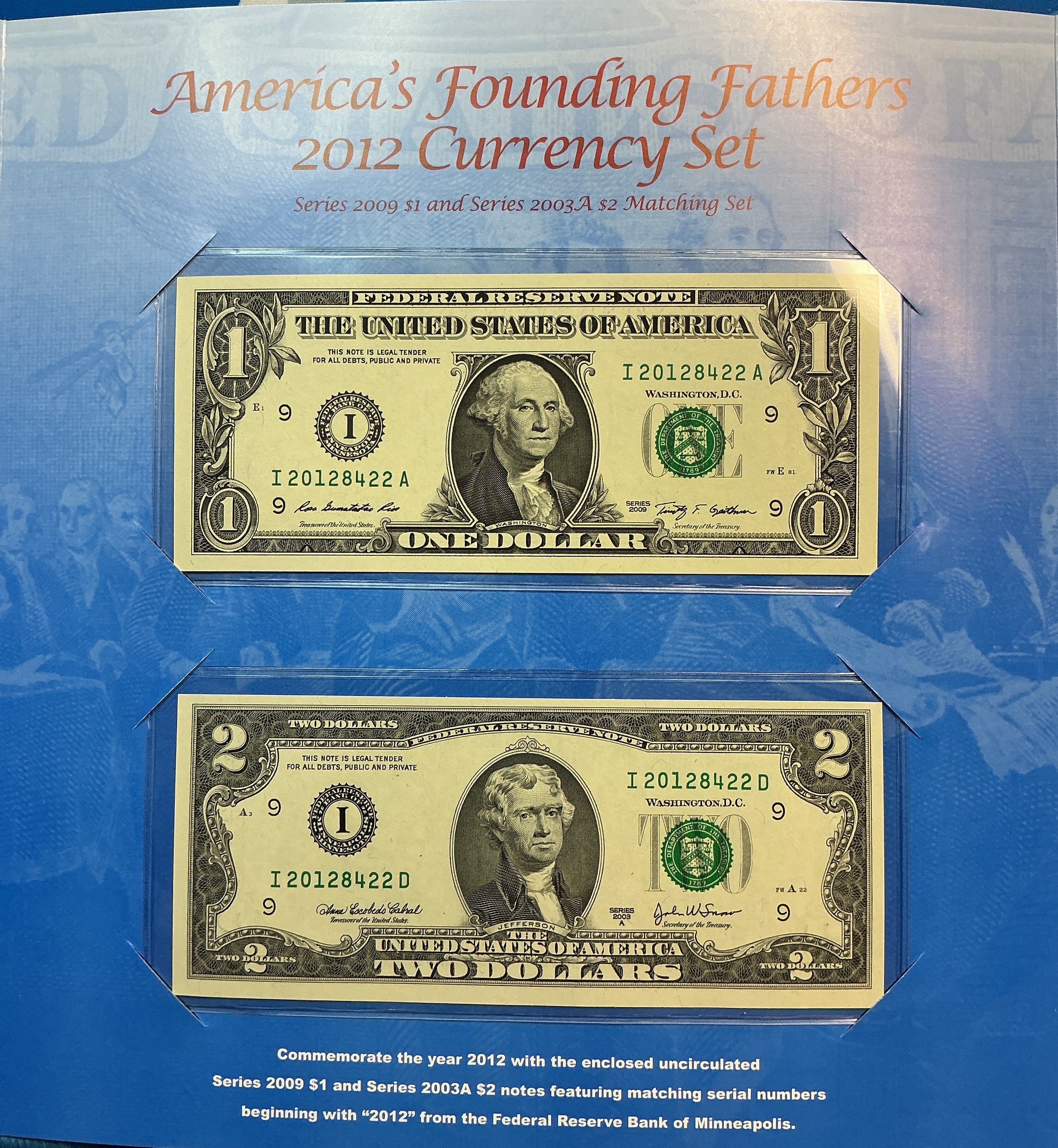 2012 Currency Set, $1 & $2 Notes, America's Founding Fathers, Store #FRN006