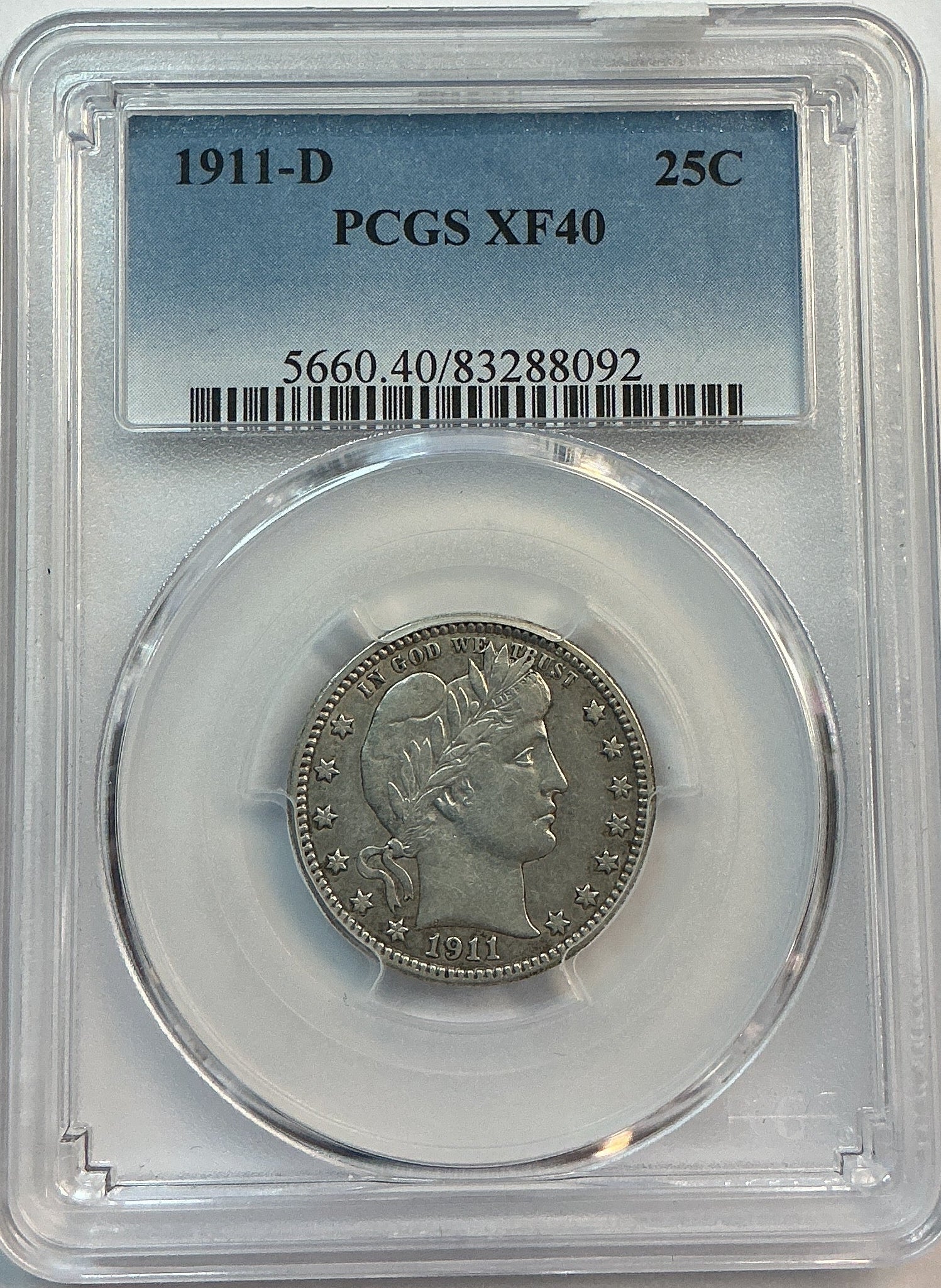 1911-D Barber Silver Quarter, PCGS XF40, Store #QR1648