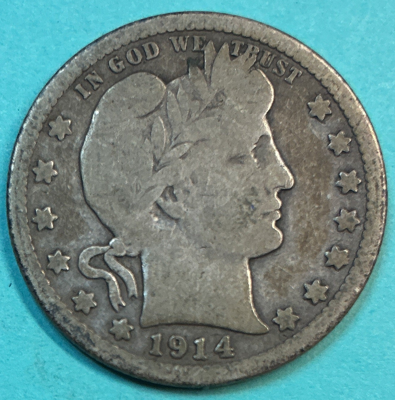 1914 Barber Quarter., Good Circulated Details., Store#QR1314