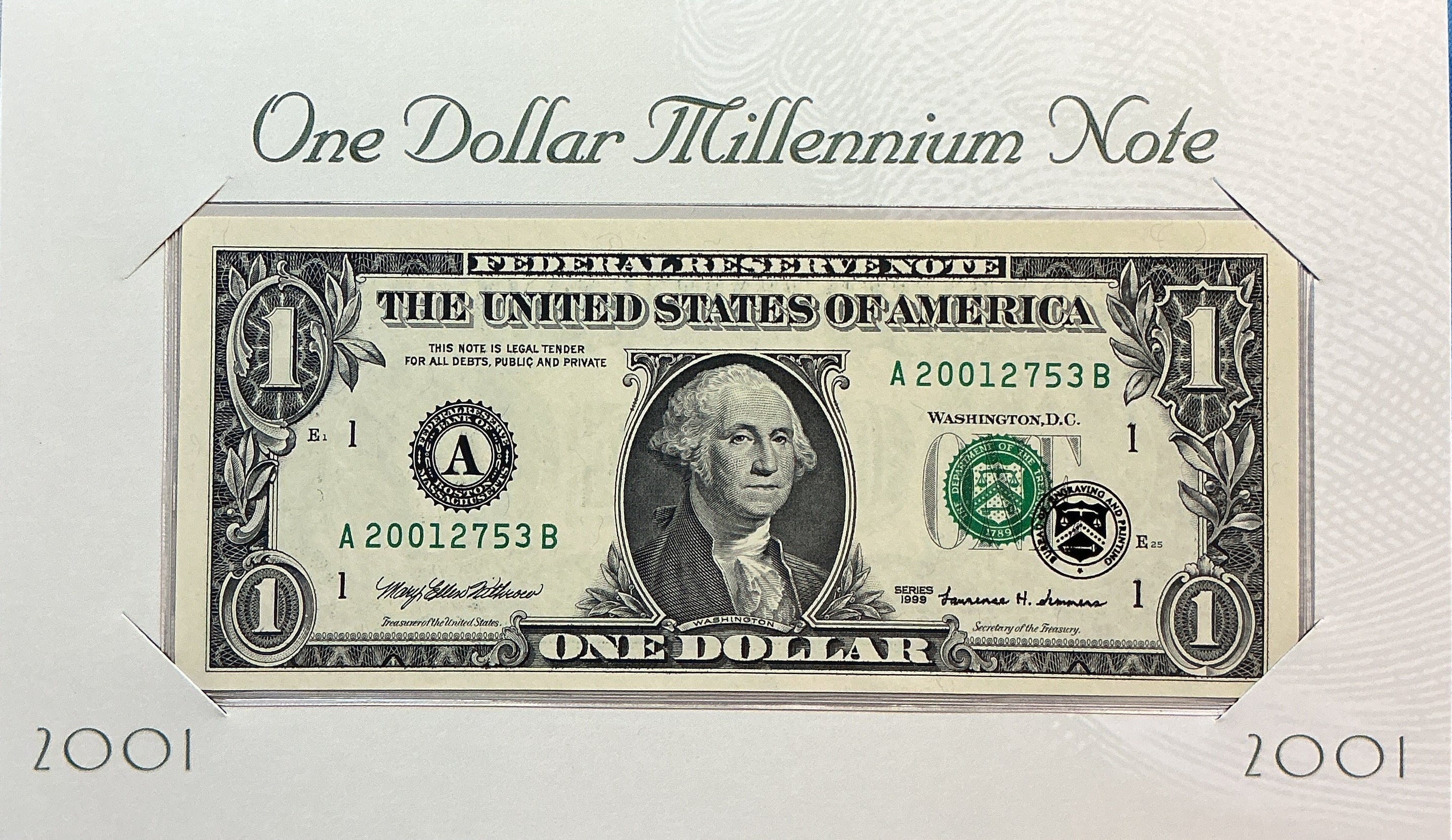 2001 $1 Millennium Note, 1999 Series, F.R.N., Store #FRN034