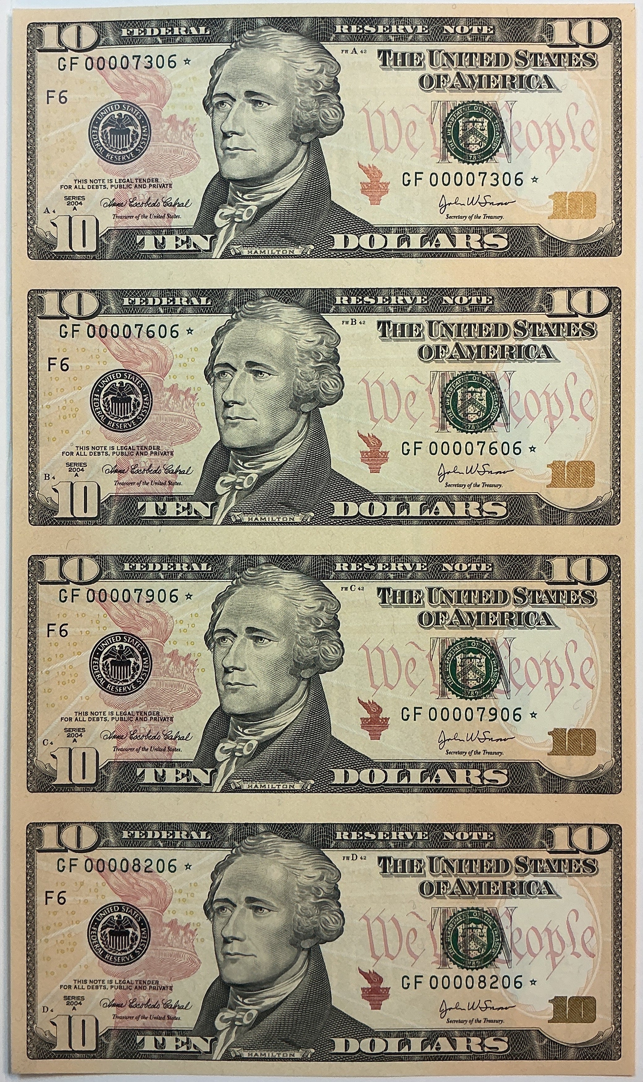 2004 Series $10 Notes, Sheet of 4 Bills, F.R.N., BEP, Low Serial Star Note, Store #FRN037