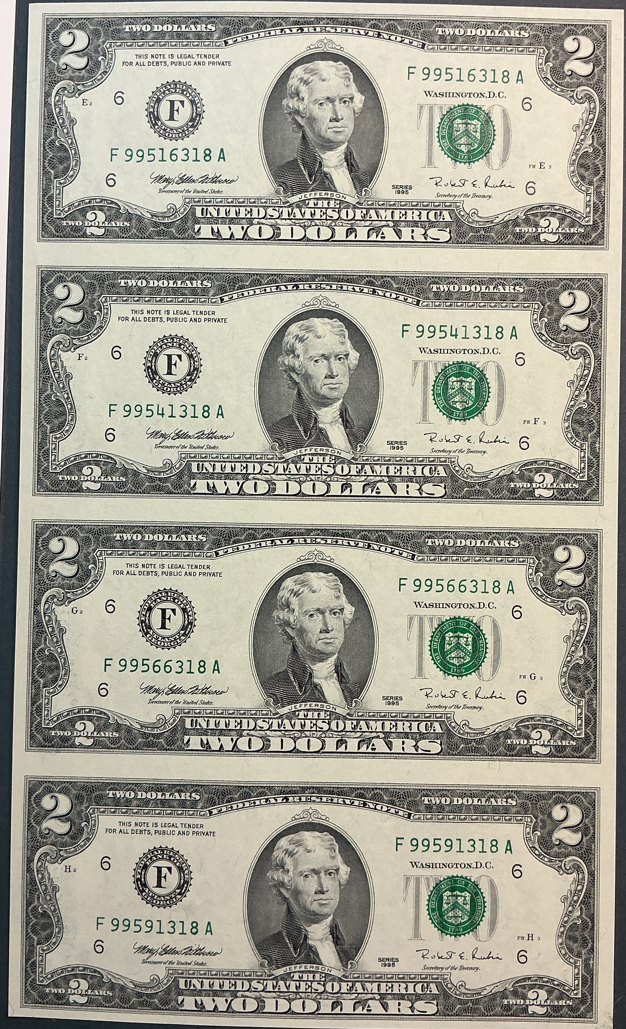 1995 Series $2 Notes, Sheet of 4 Bills, F.R.N., BEP, Store #FRN041