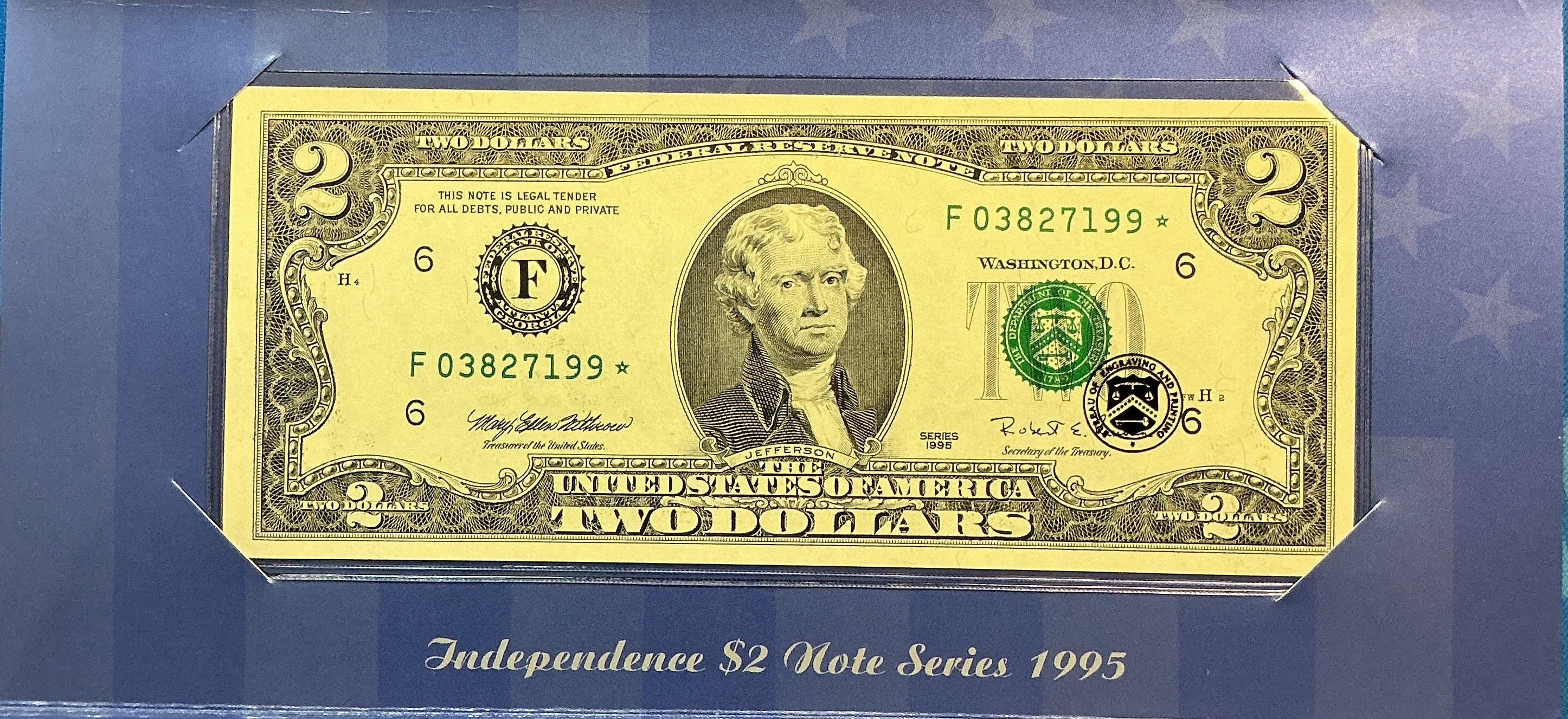 1995 Independence $2 Note Series, BEP, Star Note, Store #FRN031