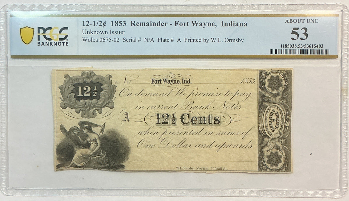 1853, 12-1/2c Remainder, Fort Wayne, IN., PCGS AU-53., Store Sale #GIN001