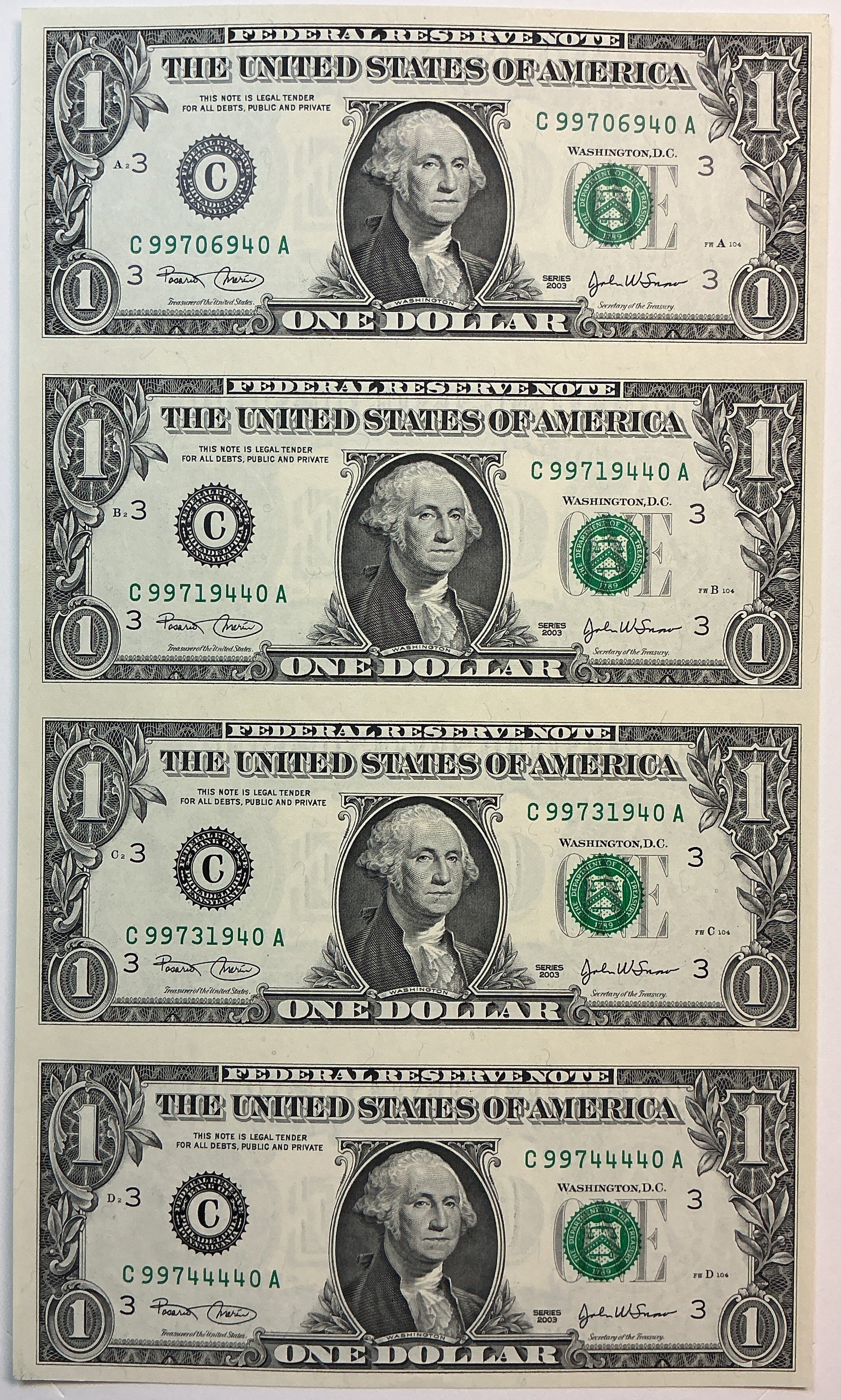 2003 Series $1 Notes, Sheet of 4 Bills, F.R.N., BEP, Store #FRN036