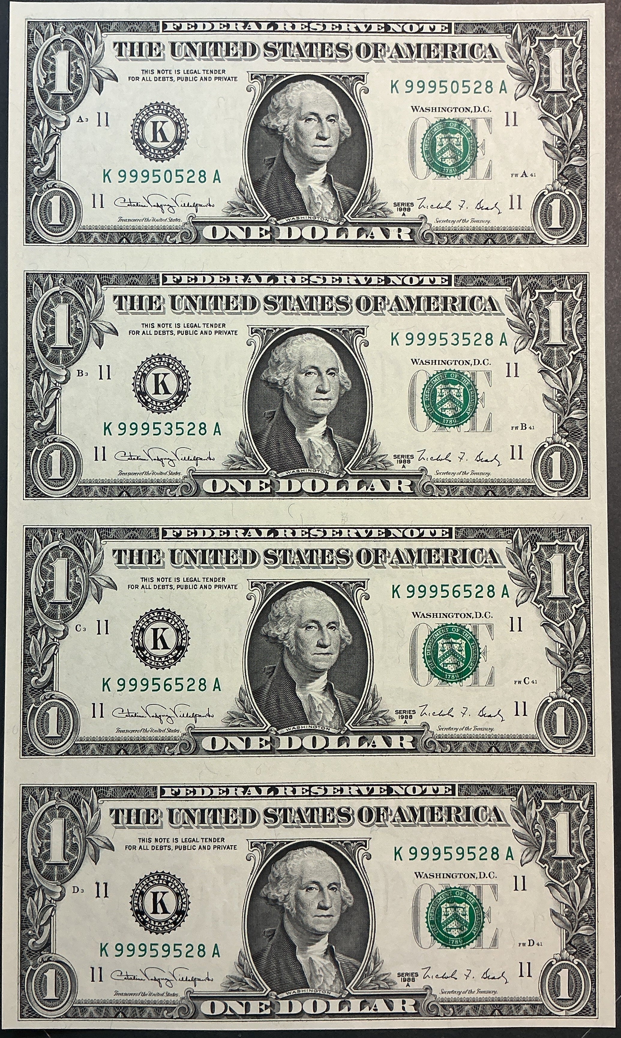 1988 Series $1 Notes, Sheet of 4 Bills, F.R.N., BEP, Store #FRN038