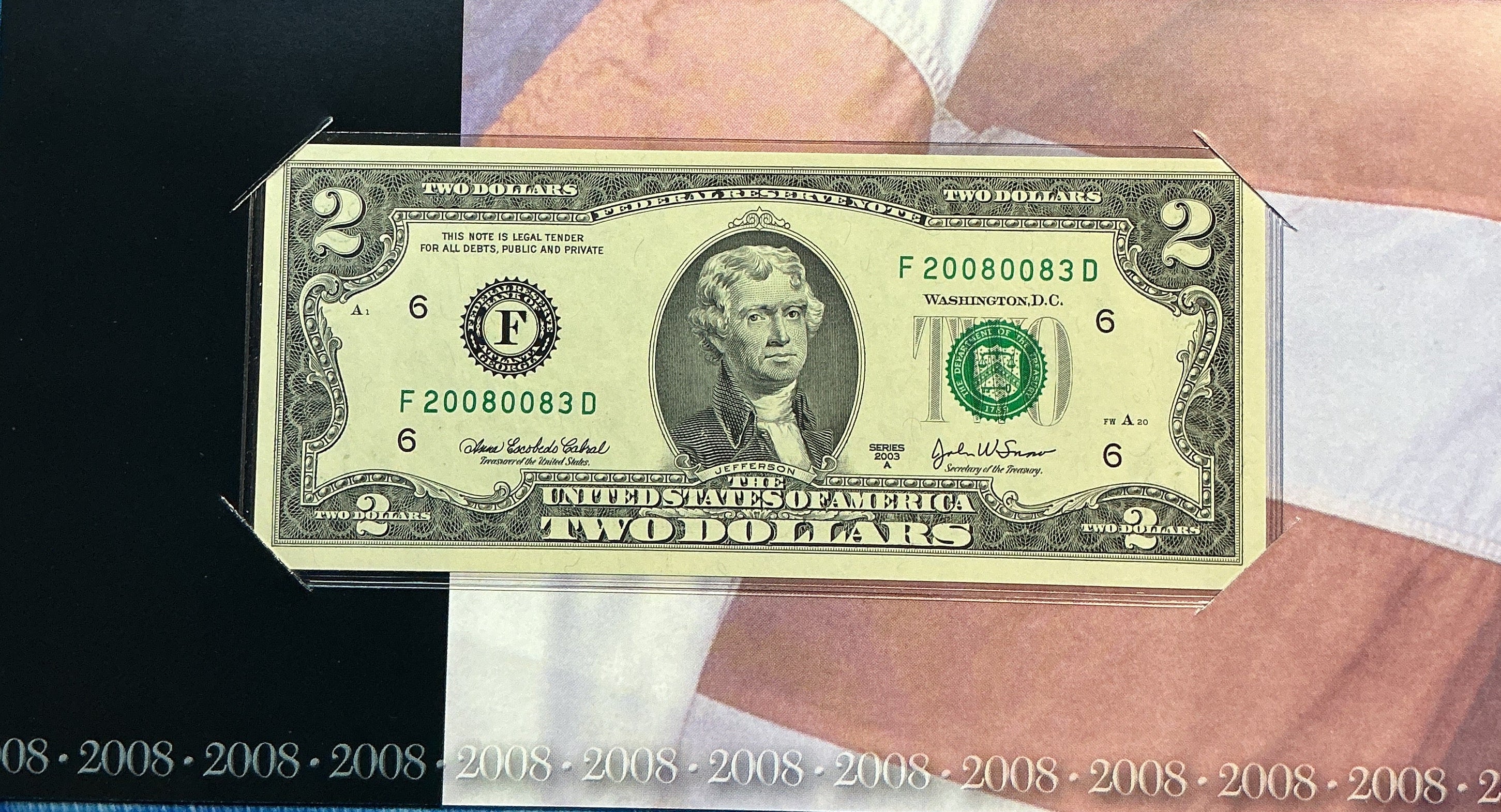 2008 Series, $2 Note, Atlanta, Dept of Treasury, 2008xxx Serial Number, Store #FRN030